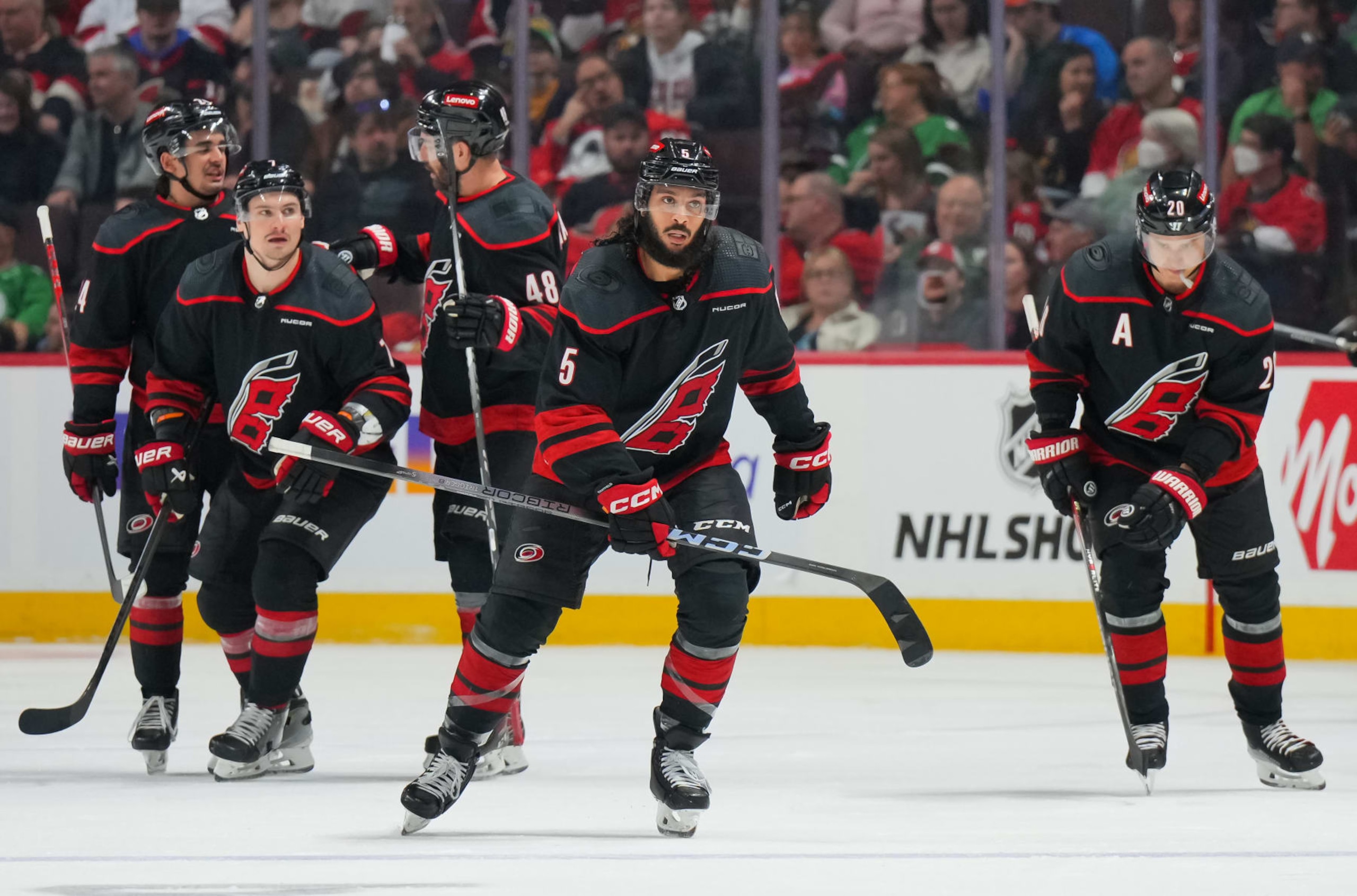 OTTAWA, CANADA - MARCH 17: Jalen Chatfield #5 of the Carolina Hurricanes celebrates his third period goal against the Ottawa Senators at Canadian Tire Centre on March 17, 2024 in Ottawa, Ontario, Canada.  (Photo by André Ringuette/NHLI via Getty Images)