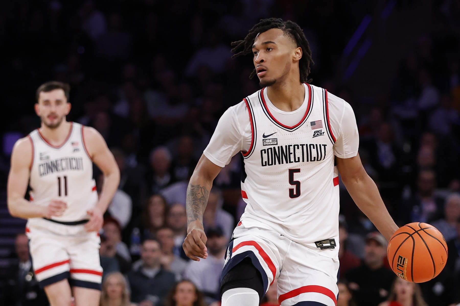 NEW YORK, NEW YORK - MARCH 15: Stephon Castle #5 of the Connecticut Huskies dribbles in the second half against the St. John's Red Storm during the Semifinal round of the Big East Basketball Tournament at Madison Square Garden on March 15, 2024 in New York City. The Huskies won 95-90. (Photo by Sarah Stier/Getty Images)