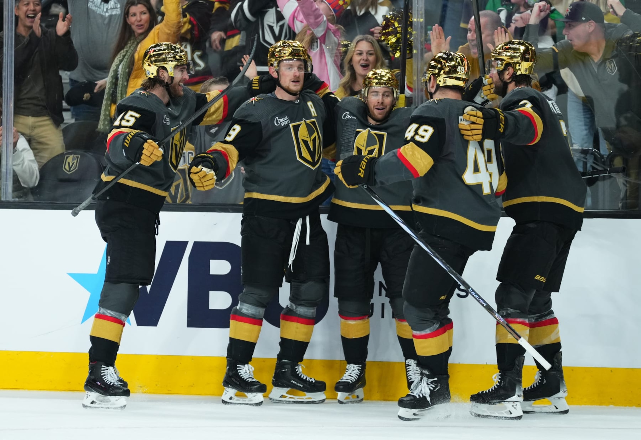 LAS VEGAS, NEVADA - MARCH 17: Jack Eichel #9 of the Vegas Golden Knights celebrates with teammates after a goal during the third period against the New Jersey Devils at T-Mobile Arena on March 17, 2024 in Las Vegas, Nevada. (Photo by Jeff Bottari/NHLI via Getty Images)