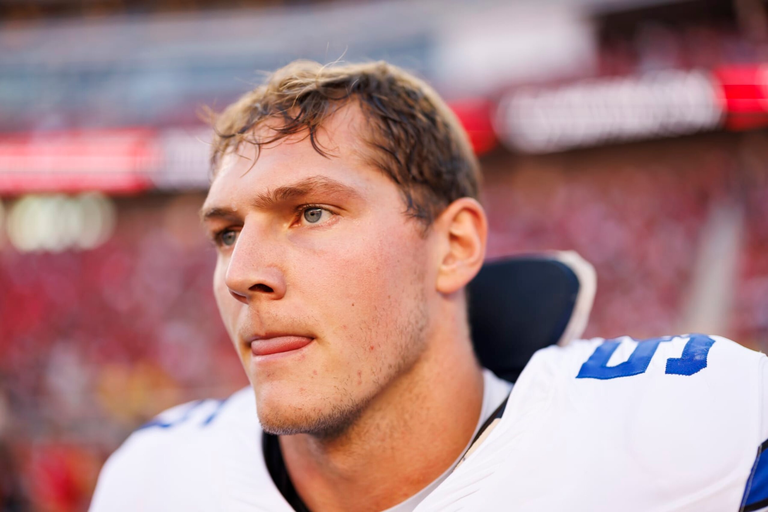 SANTA CLARA, CALIFORNIA - OCTOBER 08: Leighton Vander Esch #55 of the Dallas Cowboys looks on during pregame warmups prior to an NFL football game against the San Francisco 49ers at Levi's Stadium on October 8, 2023 in Santa Clara, California. (Photo by Ryan Kang/Getty Images)