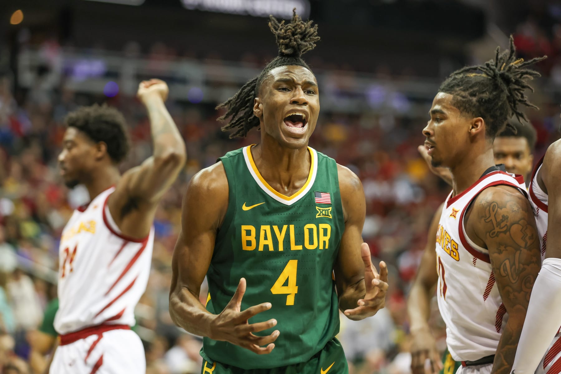 KANSAS CITY, MO - MARCH 15: Baylor Bears guard Ja'Kobe Walter (4) yells about a call by the officials in the first half of a Big 12 tournament semifinal game between the Baylor Bears and Iowa State Cyclones on Mar 15, 2024 at T-Mobile Center in Kansas City, MO. (Photo by Scott Winters/Icon Sportswire via Getty Images)