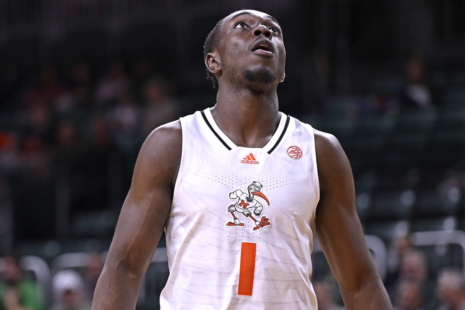 CORAL GABLES, FL - DECEMBER 21: Miami center Michael Nwoko (1) watches for a rebound in the second half as the Miami Hurricanes faced the Stonehill Skyhawks on December 21, 2023, at the Watsco Center in Coral Gables, Florida. (Photo by Samuel Lewis/Icon Sportswire via Getty Images)