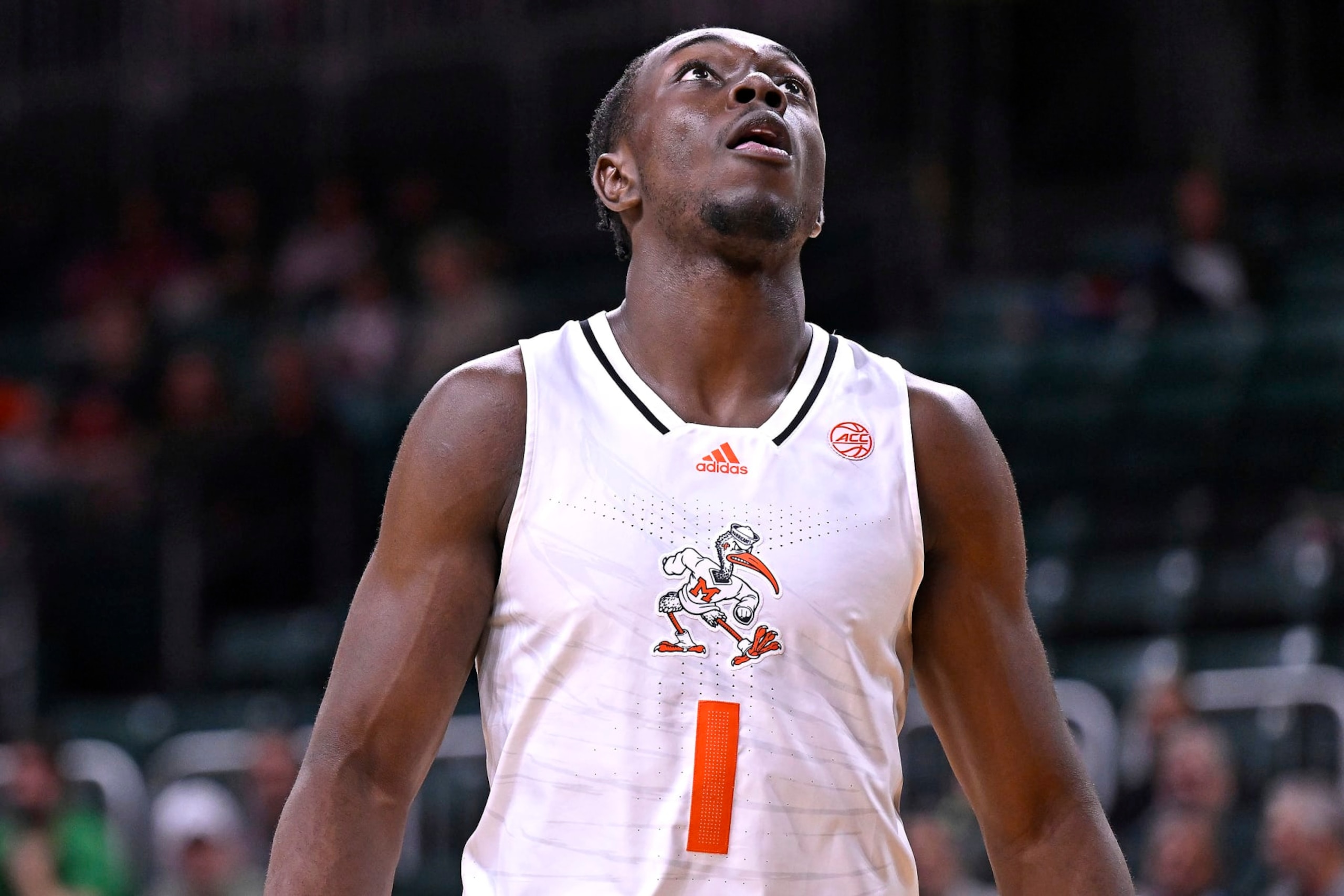 CORAL GABLES, FL - DECEMBER 21: Miami center Michael Nwoko (1) watches for a rebound in the second half as the Miami Hurricanes faced the Stonehill Skyhawks on December 21, 2023, at the Watsco Center in Coral Gables, Florida. (Photo by Samuel Lewis/Icon Sportswire via Getty Images) CORAL GABLES, FL - DECEMBER 21: Miami center Michael Nwoko (1) watches for a rebound in the second half as the Miami Hurricanes faced the Stonehill Skyhawks on December 21, 2023, at the Watsco Center in Coral Gables, Florida. (Photo by Samuel Lewis/Icon Sportswire via Getty Images)