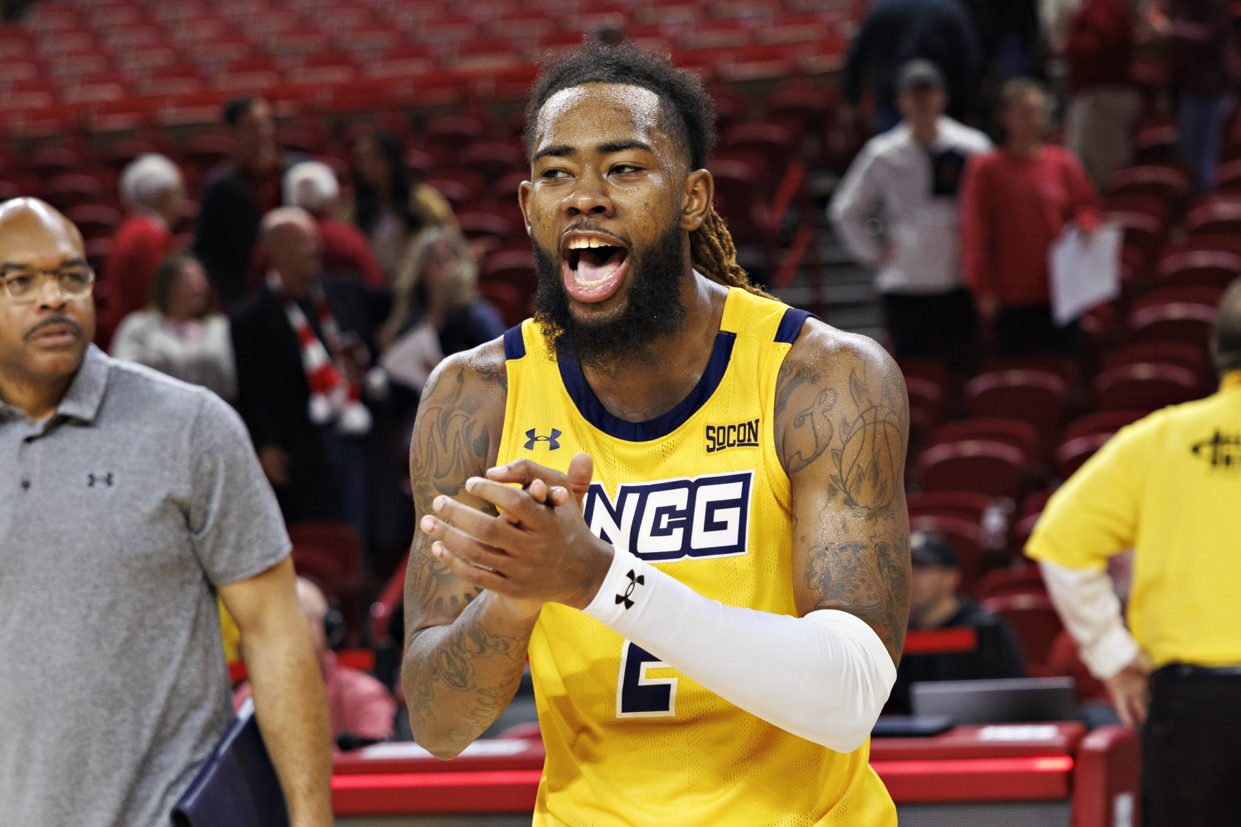 FAYETTEVILLE, ARKANSAS - NOVEMBER 17: Mikeal Brown-Jones #2 of the UNC Greensboro Spartans celebrates the win after the game against the Arkansas Razorbacks at Bud Walton Arena on November 17, 2023 in Fayetteville, Arkansas. The Spartans defeated the Razorbacks 78-72.  (Photo by Wesley Hitt/Getty Images)