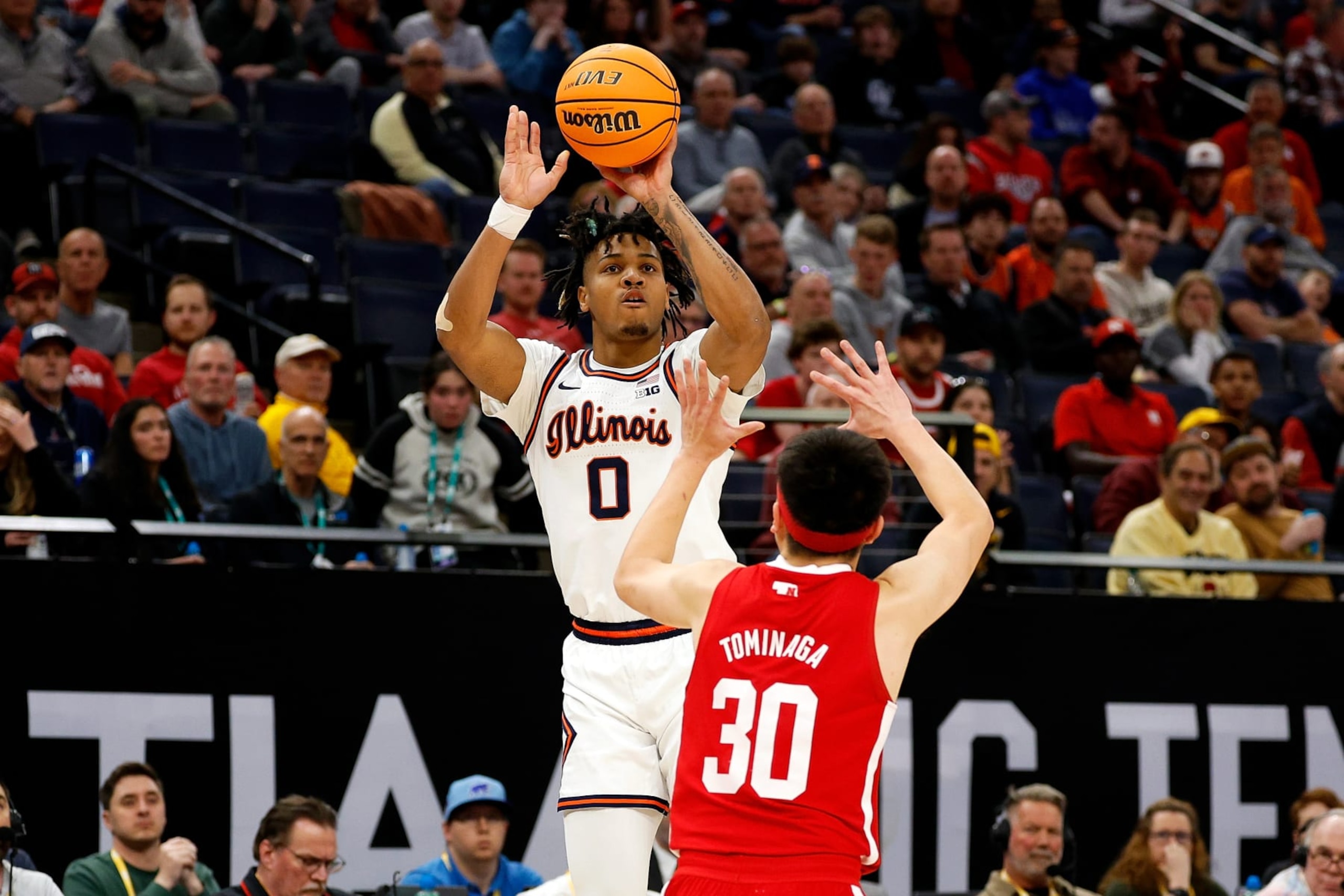 MINNEAPOLIS, MINNESOTA - MARCH 16: Terrence Shannon Jr. #0 of the Illinois Fighting Illini shoots the ball over Keisei Tominaga #30 of the Nebraska Cornhuskers in the first half at Target Center in the Semifinals of the Big Ten Tournament on March 16, 2024 in Minneapolis, Minnesota. (Photo by David Berding/Getty Images) MINNEAPOLIS, MINNESOTA - MARCH 16: Terrence Shannon Jr. #0 of the Illinois Fighting Illini shoots the ball over Keisei Tominaga #30 of the Nebraska Cornhuskers in the first half at Target Center in the Semifinals of the Big Ten Tournament on March 16, 2024 in Minneapolis, Minnesota. (Photo by David Berding/Getty Images)