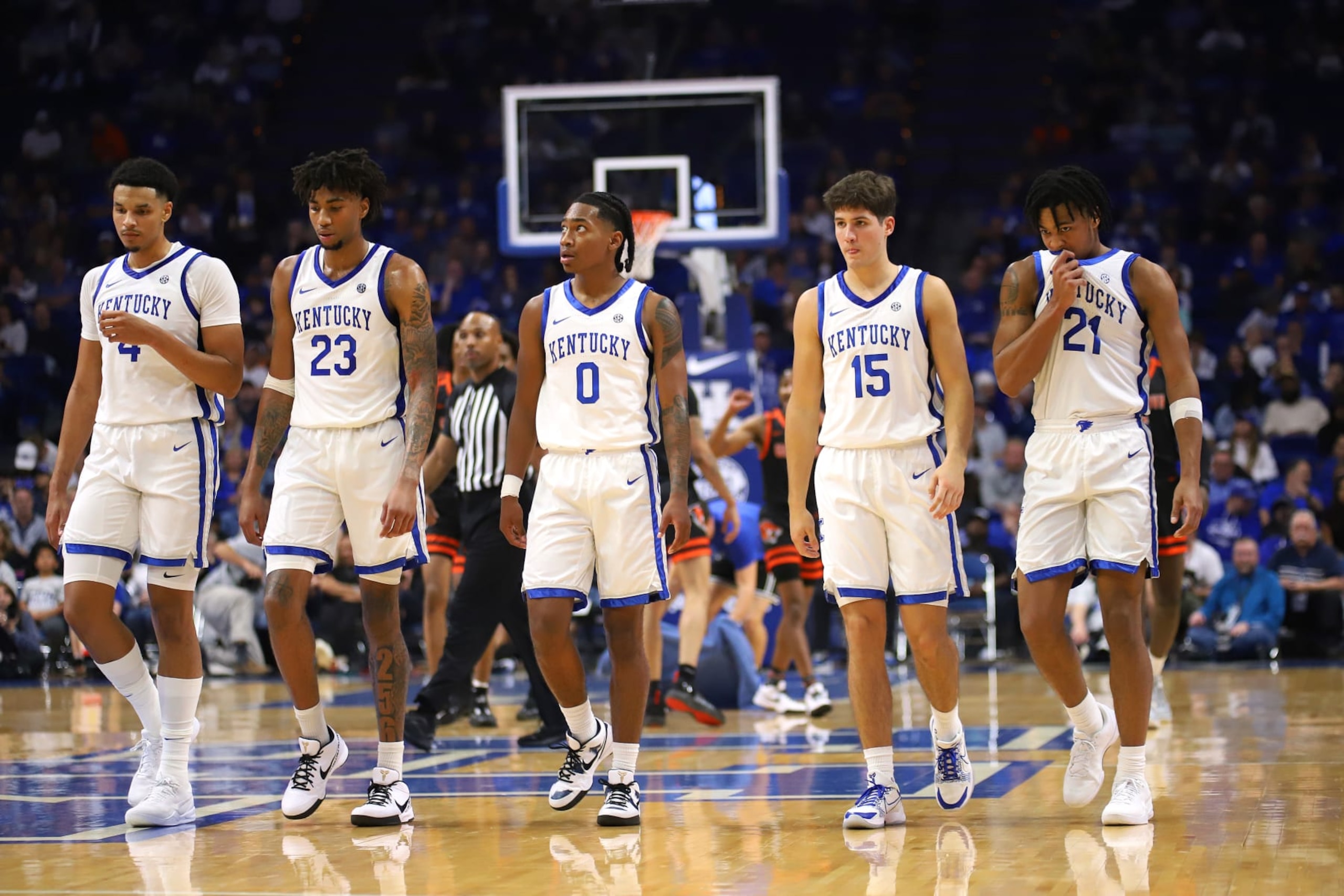 LEXINGTON, KY - OCTOBER 27: Kentucky Wildcats forward Tre Mitchell (4), guard Jordan Burks (23), guard Rob Dillingham (0), guard Reed Sheppard (15), and guard D.J. Wagner (21) in a game between the Georgetown College Tigers and the Kentucky Wildcats on October 27, 2023, at Rupp Arena in Lexington, KY. (Photo by Jeff Moreland/Icon Sportswire via Getty Images) LEXINGTON, KY - OCTOBER 27: Kentucky Wildcats forward Tre Mitchell (4), guard Jordan Burks (23), guard Rob Dillingham (0), guard Reed Sheppard (15), and guard D.J. Wagner (21) in a game between the Georgetown College Tigers and the Kentucky Wildcats on October 27, 2023, at Rupp Arena in Lexington, KY. (Photo by Jeff Moreland/Icon Sportswire via Getty Images)