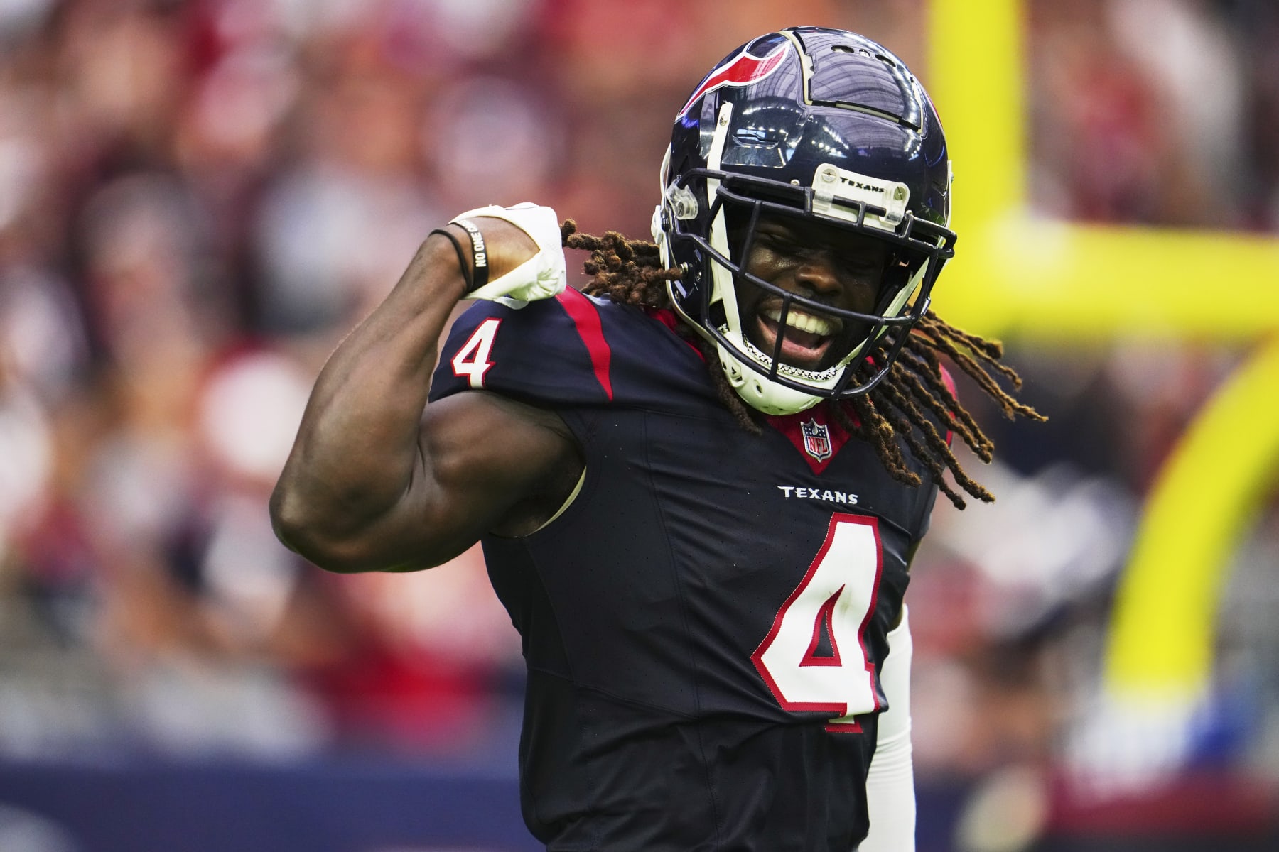 HOUSTON, TX - NOVEMBER 05: Tavierre Thomas #4 of the Houston Texans celebrates after a play against the Tampa Bay Buccaneers during the second half at NRG Stadium on November 5, 2023 in Houston, Texas. (Photo by Cooper Neill/Getty Images) HOUSTON, TX - NOVEMBER 05: Tavierre Thomas #4 of the Houston Texans celebrates after a play against the Tampa Bay Buccaneers during the second half at NRG Stadium on November 5, 2023 in Houston, Texas. (Photo by Cooper Neill/Getty Images)