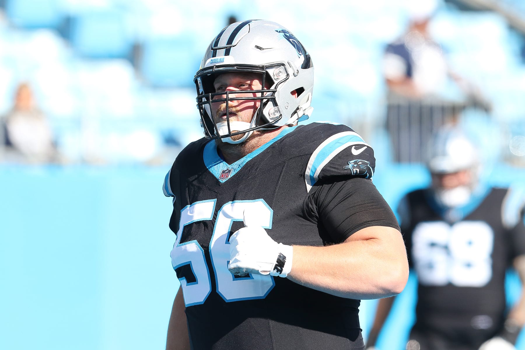 CHARLOTTE, NC - NOVEMBER 19: Carolina Panthers center Bradley Bozeman (56) during an NFL football game between the Dallas Cowboys and the Carolina Panthers on November 19, 2023 at Bank of America Stadium in Charlotte, N.C. (Photo by John Byrum/Icon Sportswire via Getty Images) CHARLOTTE, NC - NOVEMBER 19: Carolina Panthers center Bradley Bozeman (56) during an NFL football game between the Dallas Cowboys and the Carolina Panthers on November 19, 2023 at Bank of America Stadium in Charlotte, N.C. (Photo by John Byrum/Icon Sportswire via Getty Images)