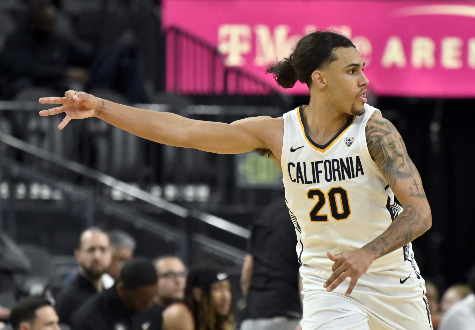 LAS VEGAS, NEVADA - MARCH 13: Jaylon Tyson #20 of the California Golden Bears reacts after a 3-pointer against the Stanford Cardinal during the first half of a first round game in the Pac-12 Conference basketball tournament at T-Mobile Arena on March 13, 2024 in Las Vegas, Nevada.  (Photo by David Becker/Getty Images)