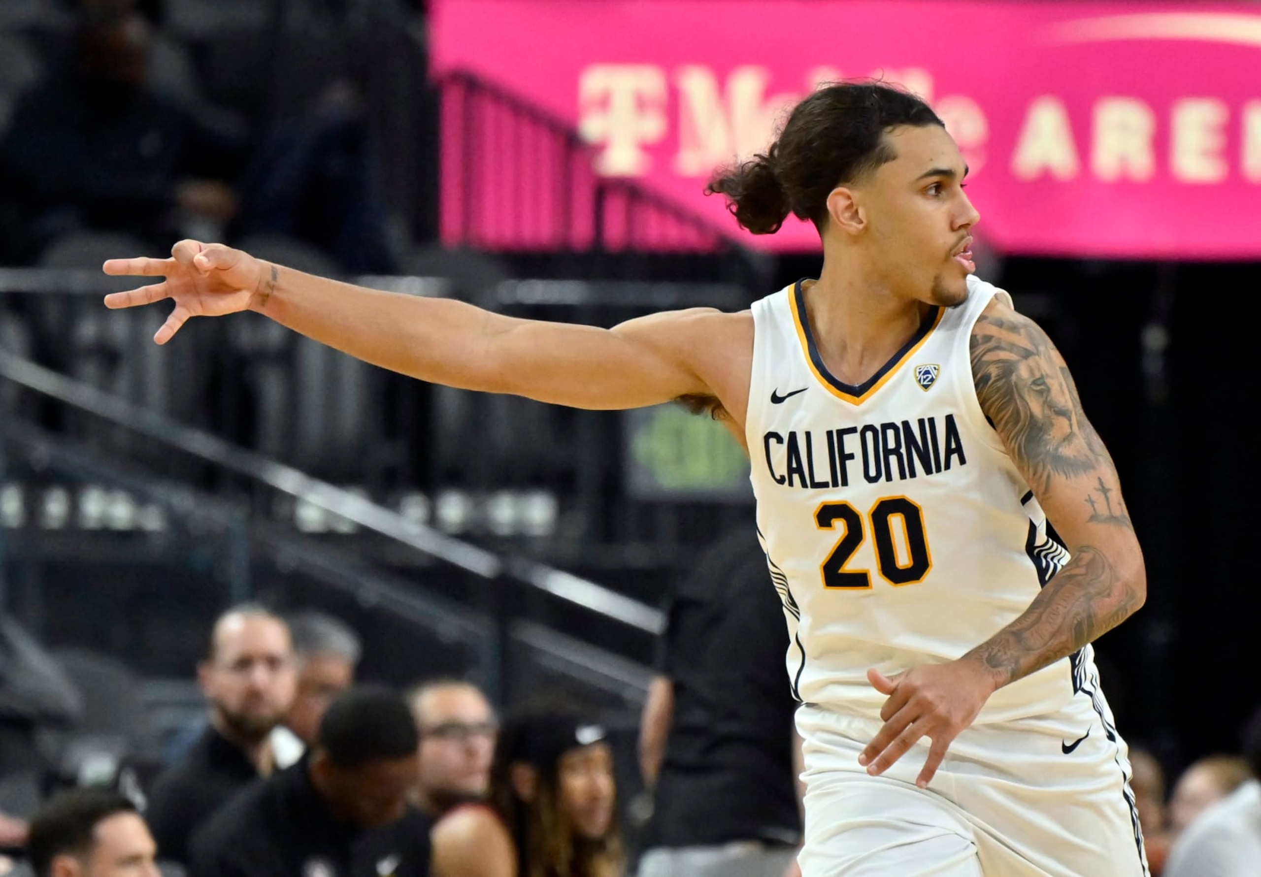 LAS VEGAS, NEVADA - MARCH 13: Jaylon Tyson #20 of the California Golden Bears reacts after a 3-pointer against the Stanford Cardinal during the first half of a first round game in the Pac-12 Conference basketball tournament at T-Mobile Arena on March 13, 2024 in Las Vegas, Nevada. (Photo by David Becker/Getty Images) LAS VEGAS, NEVADA - MARCH 13: Jaylon Tyson #20 of the California Golden Bears reacts after a 3-pointer against the Stanford Cardinal during the first half of a first round game in the Pac-12 Conference basketball tournament at T-Mobile Arena on March 13, 2024 in Las Vegas, Nevada. (Photo by David Becker/Getty Images)