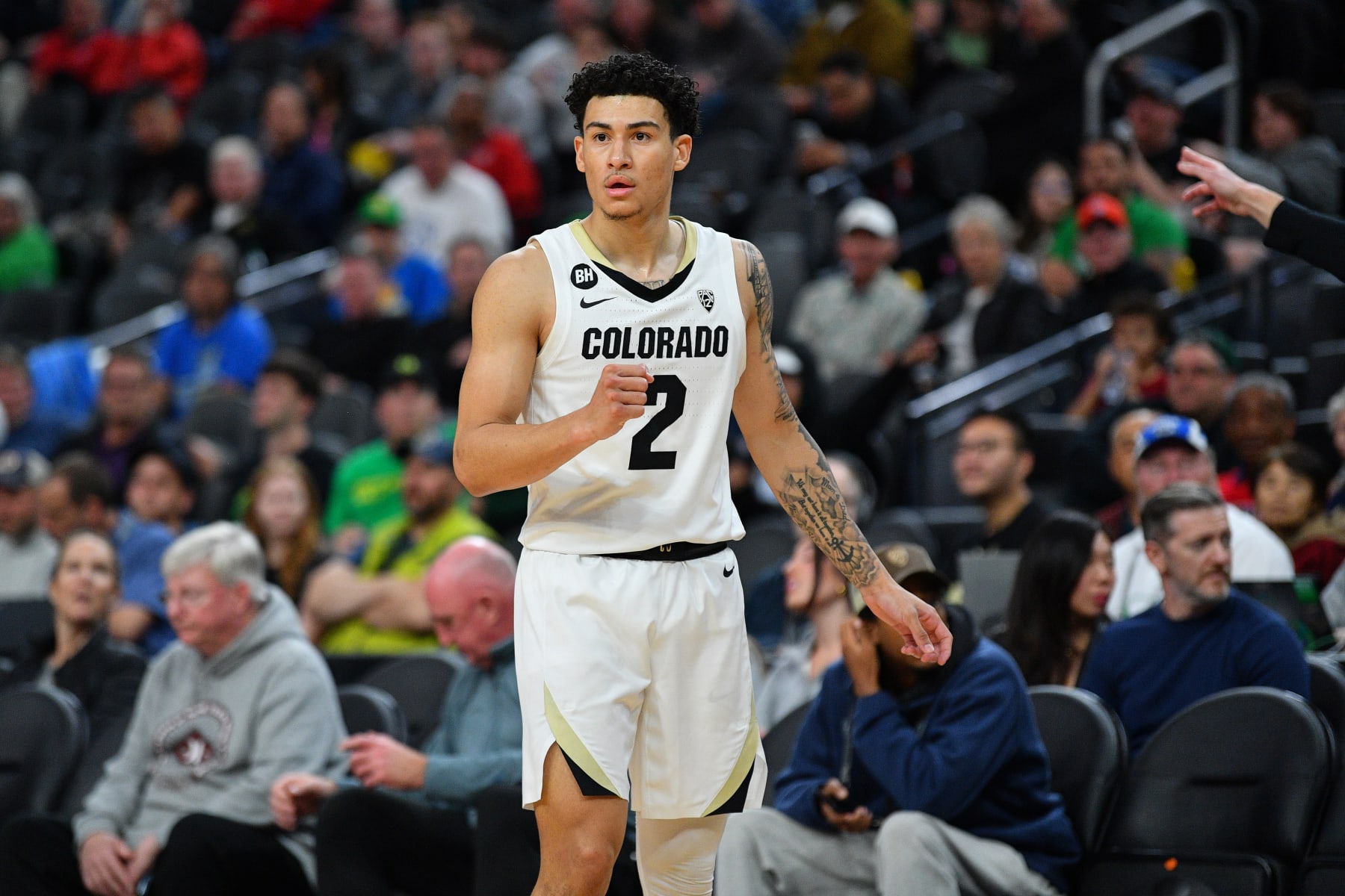LAS VEGAS, NV - MARCH 16: Colorado Buffaloes guard KJ Simpson (2) celebrates during the championship game of the men's Pac-12 Tournament  between the Colorado Buffaloes and the Oregon Ducks on March 16, 2024, at the T-Mobile Arena in Las Vegas, NV. (Photo by Brian Rothmuller/Icon Sportswire via Getty Images)