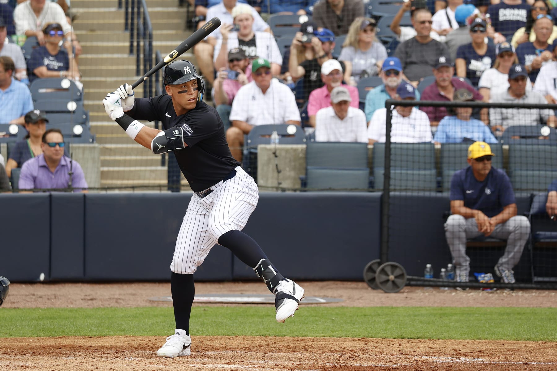 TAMPA, FL - MARCH 06: New York Yankees center fielder Aaron Judge (99) bats against the Tampa Bay Rays during Spring Training on March 6, 2024, at George M. Steinbrenner Field in Tampa, Florida. (Photo by Brian Spurlock/Icon Sportswire via Getty Images) TAMPA, FL - MARCH 06: New York Yankees center fielder Aaron Judge (99) bats against the Tampa Bay Rays during Spring Training on March 6, 2024, at George M. Steinbrenner Field in Tampa, Florida. (Photo by Brian Spurlock/Icon Sportswire via Getty Images)