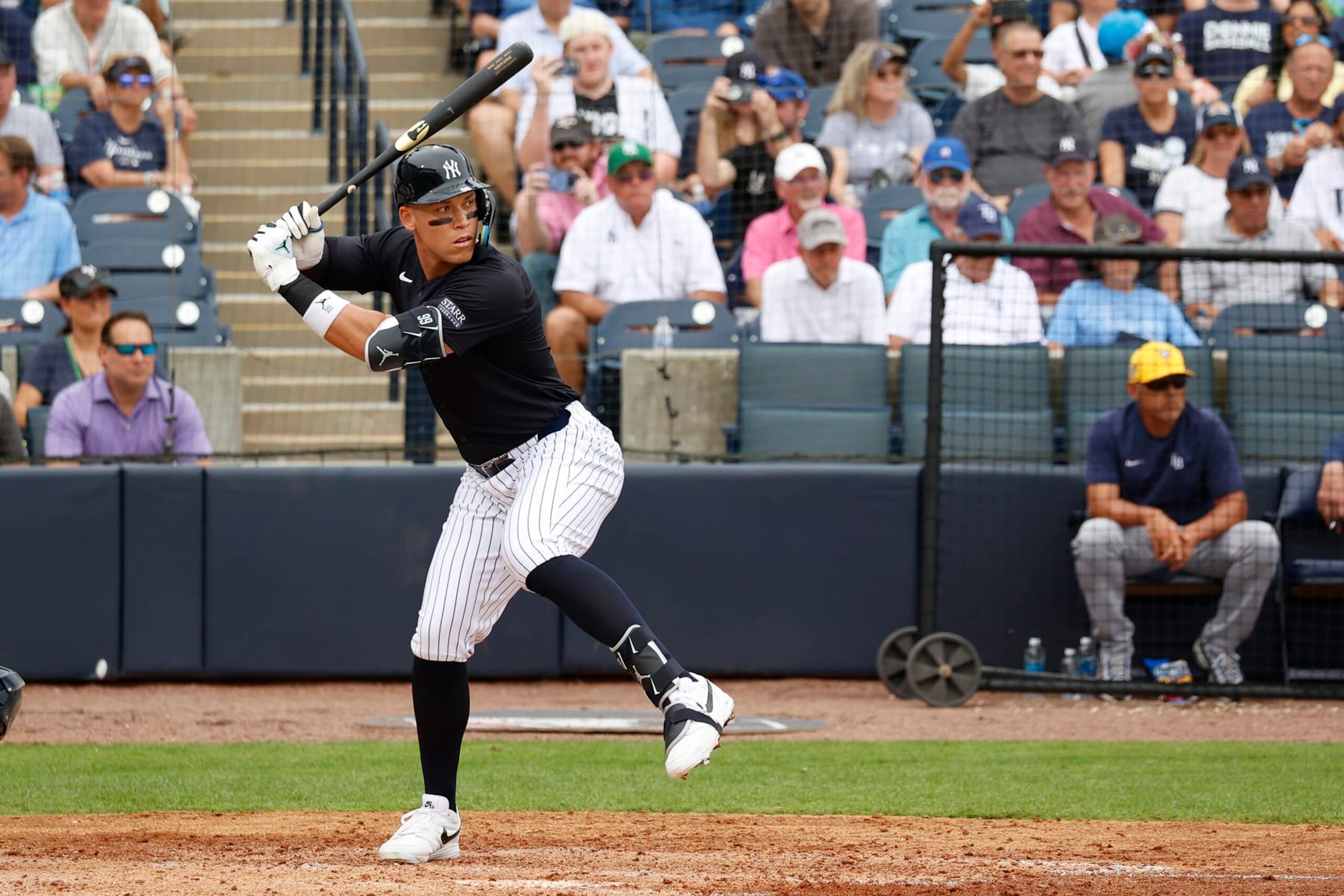TAMPA, FL - MARCH 06: New York Yankees center fielder Aaron Judge (99) bats against the Tampa Bay Rays during Spring Training on March 6, 2024, at George M. Steinbrenner Field in Tampa, Florida. (Photo by Brian Spurlock/Icon Sportswire via Getty Images)