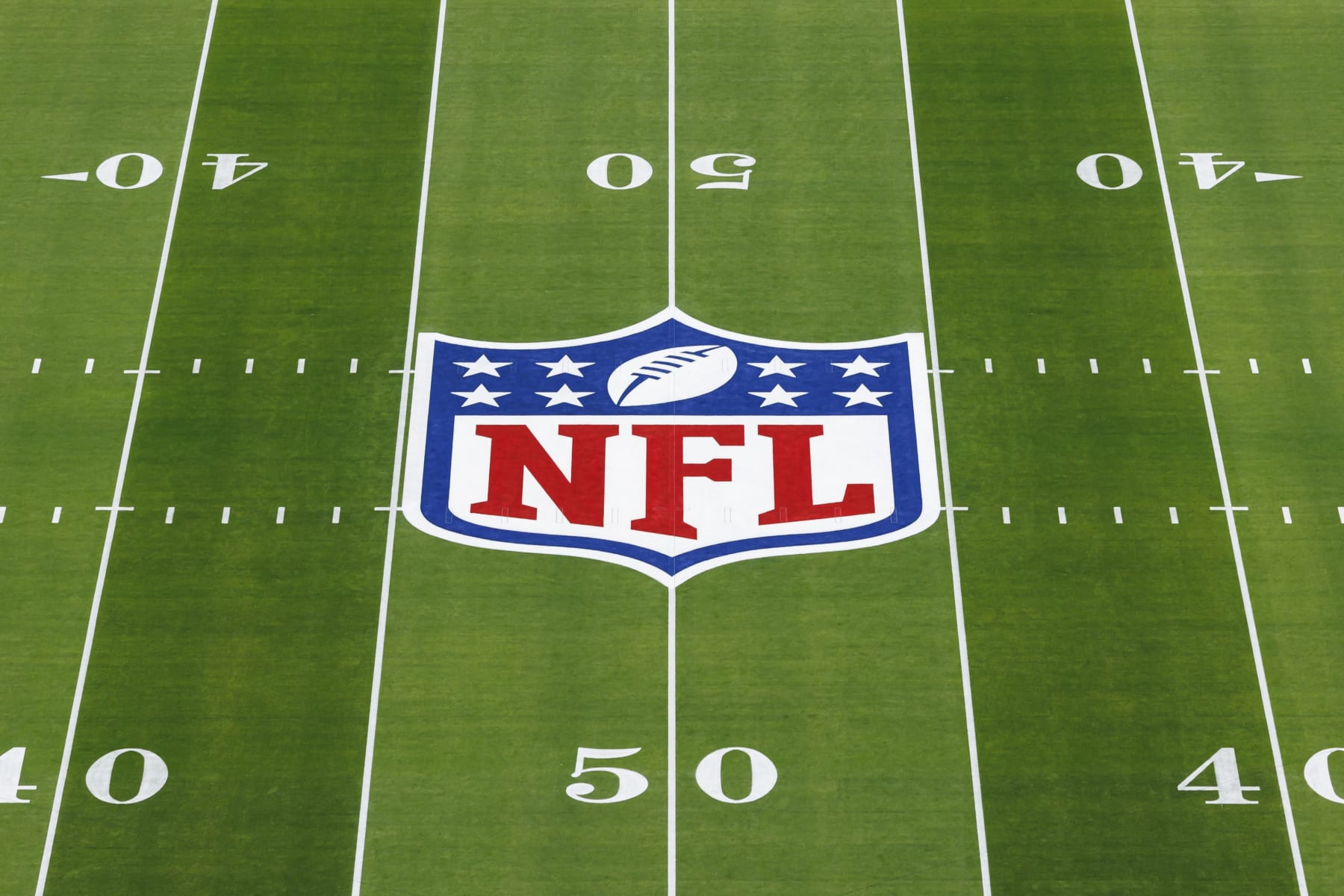 LAS VEGAS, NEVADA - FEBRUARY 11: A detail view of the NFL shield logo painted on the field before Super Bowl LVIII between the Kansas City Chiefs and San Francisco 49ers at Allegiant Stadium on February 11, 2024 in Las Vegas, Nevada. (Photo by Ryan Kang/Getty Images)