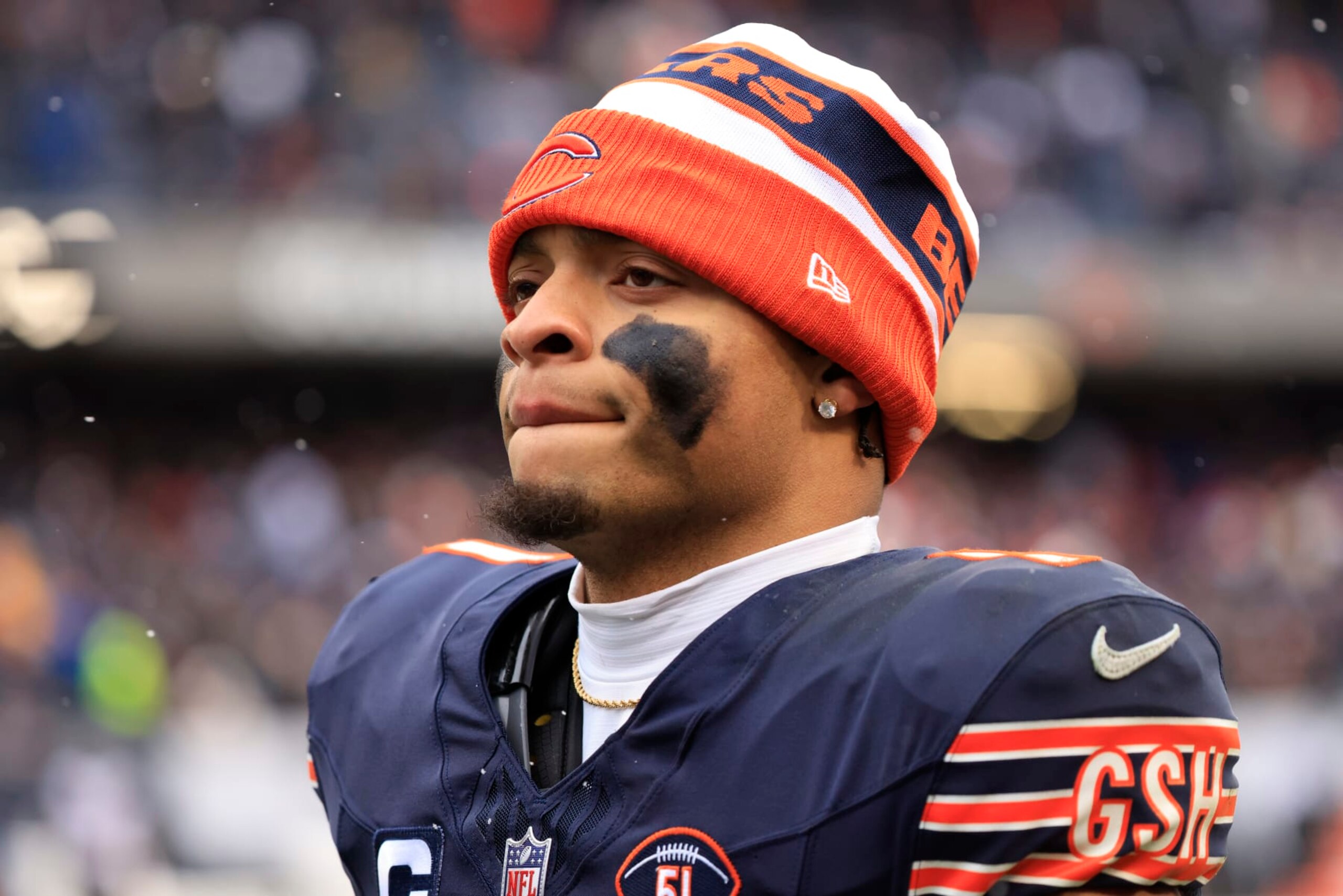 CHICAGO, ILLINOIS - DECEMBER 31: Justin Fields #1 of the Chicago Bears looks on in the game against the Atlanta Falcons at Soldier Field on December 31, 2023 in Chicago, Illinois. (Photo by Justin Casterline/Getty Images)
