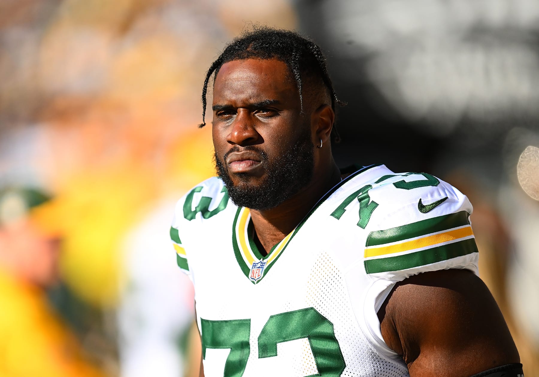 PITTSBURGH, PENNSYLVANIA - NOVEMBER 12: Yosh Nijman #73 of the Green Bay Packers looks on during the game against thePittsburgh Steelers at Acrisure Stadium on November 12, 2023 in Pittsburgh, Pennsylvania. (Photo by Joe Sargent/Getty Images) PITTSBURGH, PENNSYLVANIA - NOVEMBER 12: Yosh Nijman #73 of the Green Bay Packers looks on during the game against thePittsburgh Steelers at Acrisure Stadium on November 12, 2023 in Pittsburgh, Pennsylvania. (Photo by Joe Sargent/Getty Images)