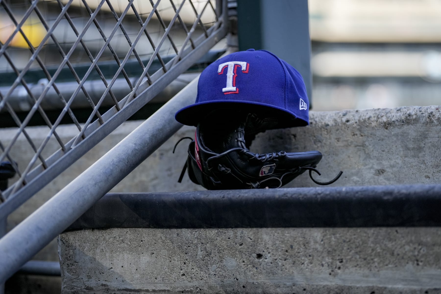 DETROIT, MICHIGAN - MAY 30: A Texas Rangers hat is pictured before the game against the Detroit Tigers at Comerica Park on May 30, 2023 in Detroit, Michigan. (Photo by Nic Antaya/Getty Images)