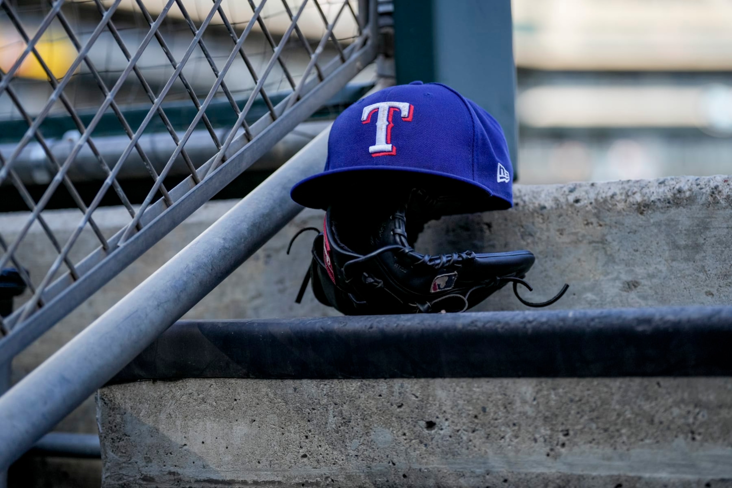 DETROIT, MICHIGAN - MAY 30: A Texas Rangers hat is pictured before the game against the Detroit Tigers at Comerica Park on May 30, 2023 in Detroit, Michigan. (Photo by Nic Antaya/Getty Images)