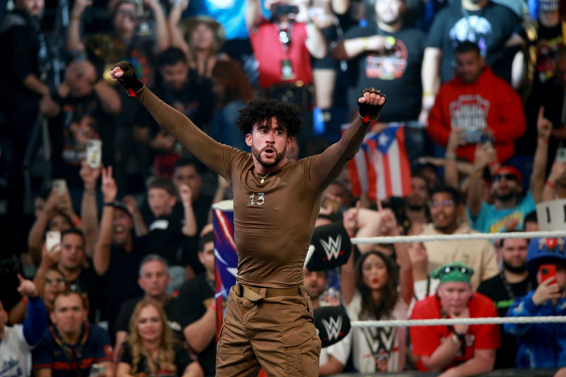 SAN JUAN, PUERTO RICO - MAY 06: Bad Bunny celebrates his victory on the ring during the WWE Backlash at Coliseo de Puerto Rico José Miguel Agrelot on May 06, 2023 in San Juan, Puerto Rico.(Photo by Gladys Vega/ Getty Images)