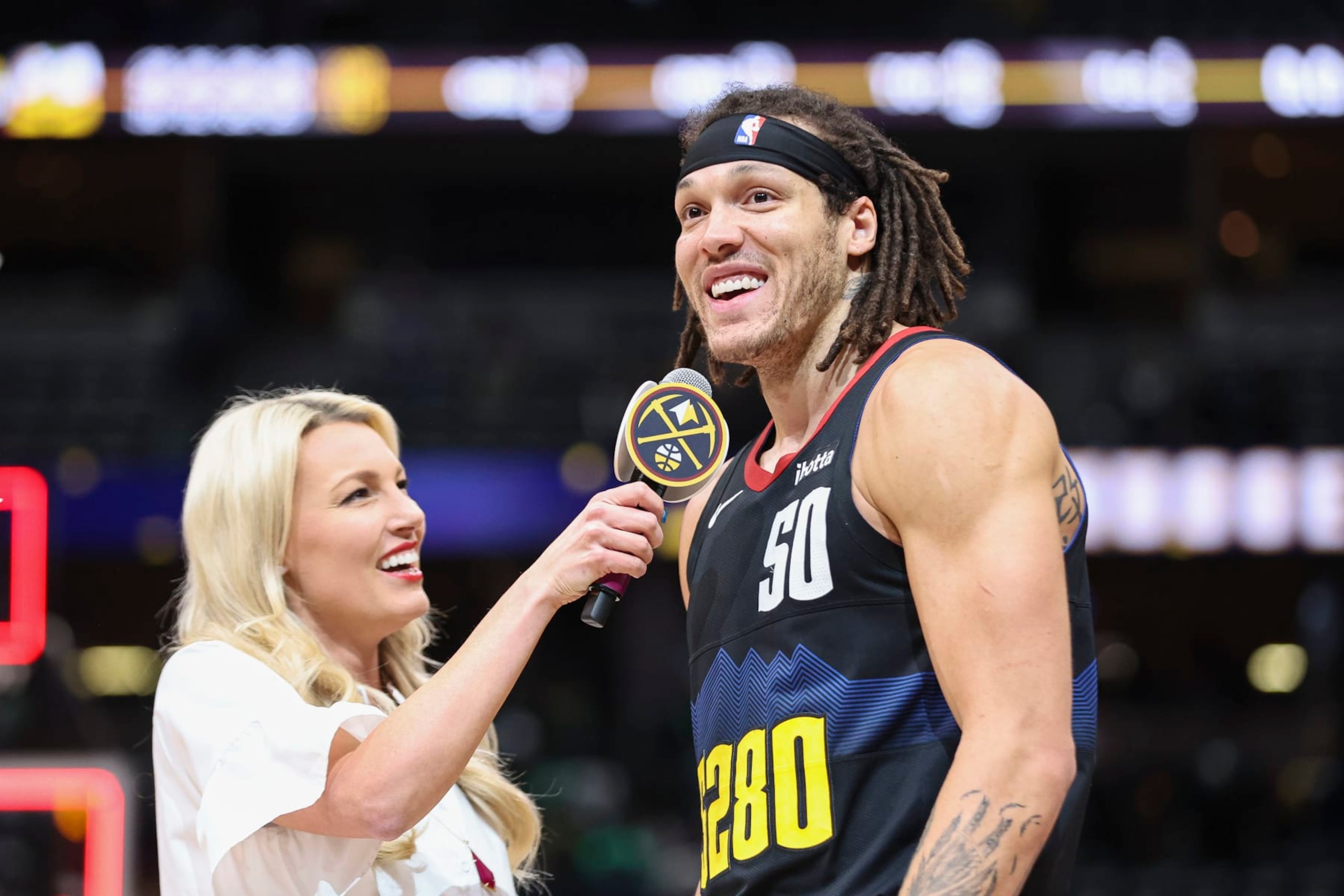 DENVER, COLORADO - MARCH 7: Aaron Gordon #50 of the Denver Nuggets smiles during an interview after the game against the Boston Celtics at Ball Arena on March 7, 2024 in Denver, Colorado. NOTE TO USER: User expressly acknowledges and agrees that, by downloading and or using this photograph, User is consenting to the terms and conditions of the Getty Images License Agreement. (Photo by Brendall O'Banon/Clarkson Creative/Getty Images)