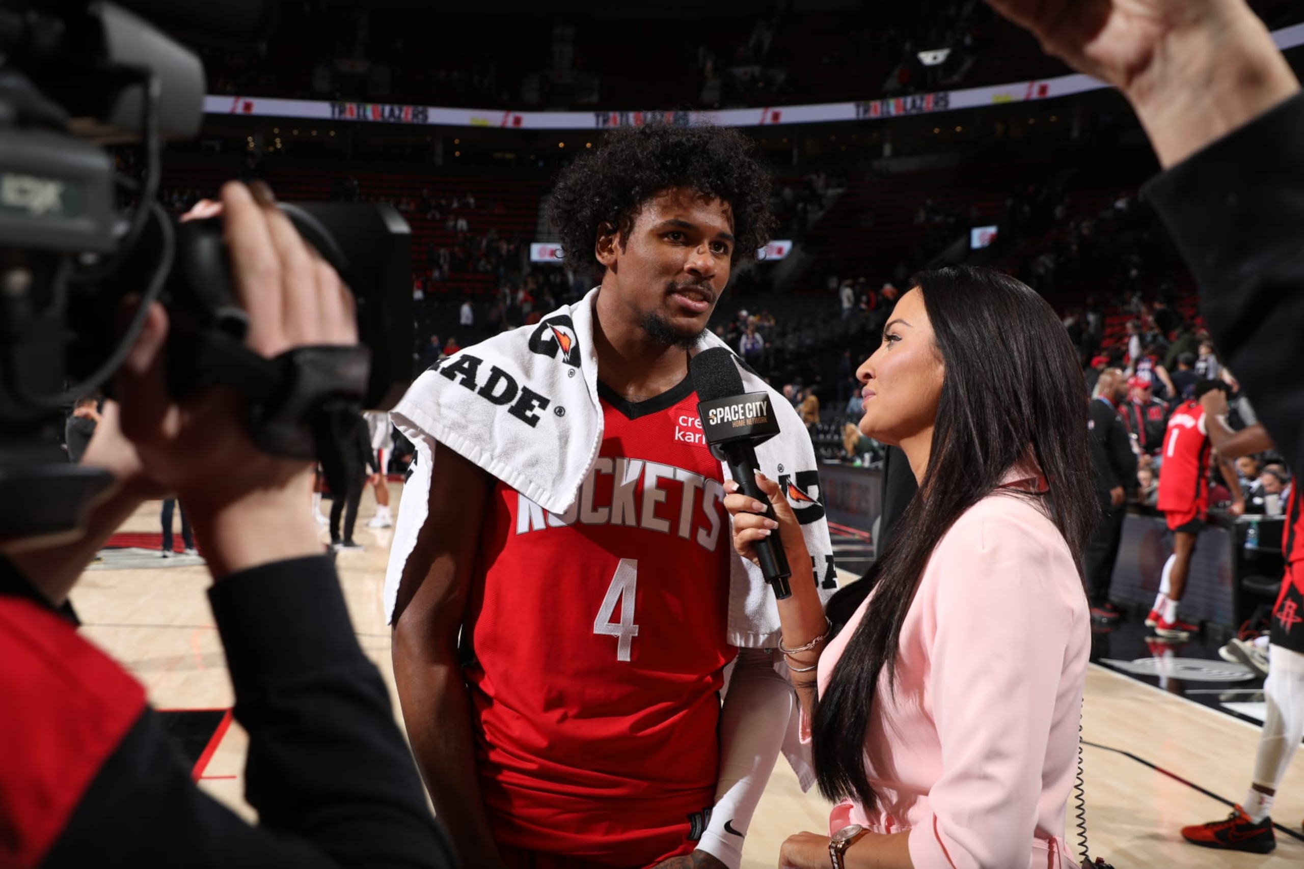 PORTLAND, OR - MARCH 8:  Jalen Green #4 of the Houston Rockets talks to the media after the game  on March 8, 2024 at the Moda Center Arena in Portland, Oregon. NOTE TO USER: User expressly acknowledges and agrees that, by downloading and or using this photograph, user is consenting to the terms and conditions of the Getty Images License Agreement. Mandatory Copyright Notice: Copyright 2024 NBAE (Photo by Cameron Browne/NBAE via Getty Images)