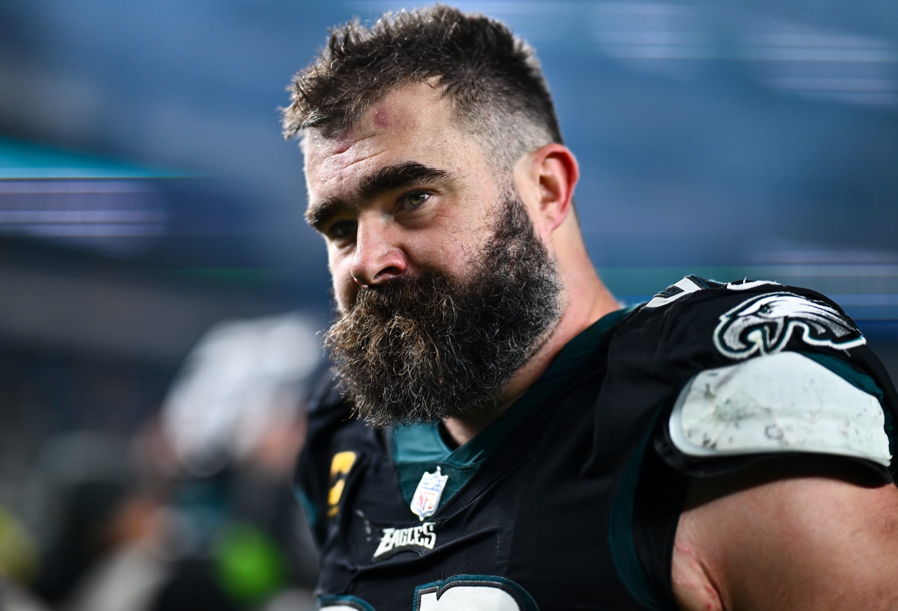 PHILADELPHIA, PA - DECEMBER 25: Philadelphia Eagles Center Jason Kelce (62) looks on after the game between the New York Giants and Philadelphia Eagles on December 25, 2023 at Lincoln Financial Field in Philadelphia, PA. (Photo by Kyle Ross/Icon Sportswire via Getty Images)