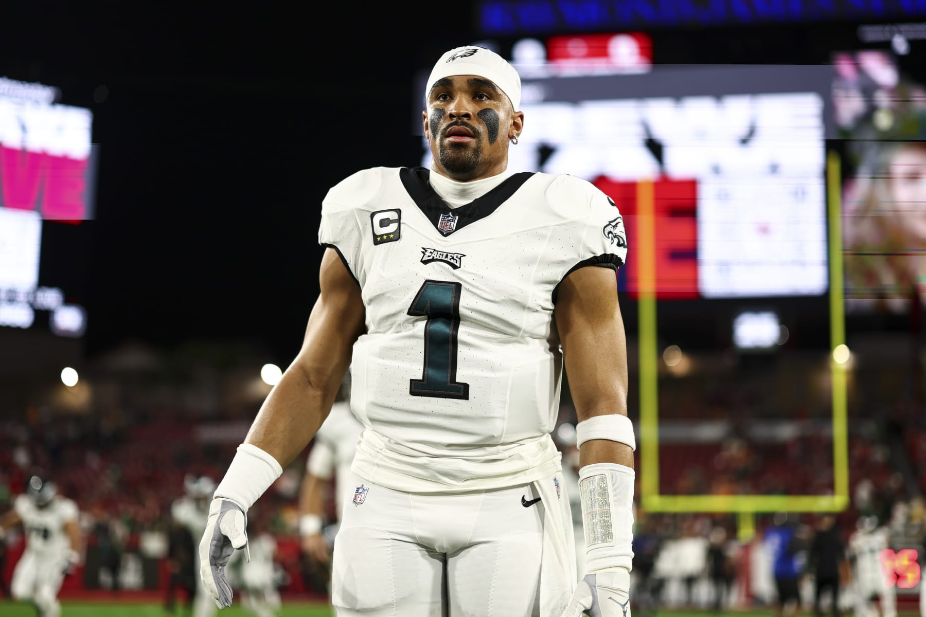 TAMPA, FL - JANUARY 15: Jalen Hurts #1 of the Philadelphia Eagles stretches prior to an NFL wild-card playoff football game against the Tampa Bay Buccaneers at Raymond James Stadium on January 15, 2024 in Tampa, Florida. (Photo by Kevin Sabitus/Getty Images)