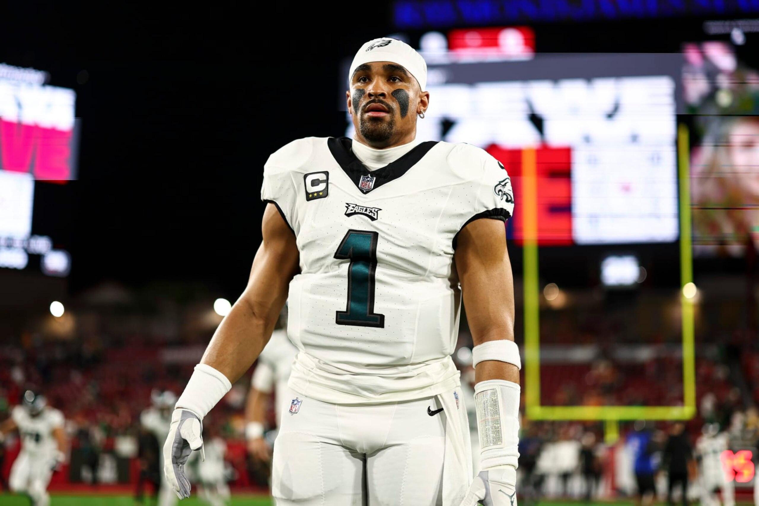 TAMPA, FL - JANUARY 15: Jalen Hurts #1 of the Philadelphia Eagles stretches prior to an NFL wild-card playoff football game against the Tampa Bay Buccaneers at Raymond James Stadium on January 15, 2024 in Tampa, Florida. (Photo by Kevin Sabitus/Getty Images) TAMPA, FL - JANUARY 15: Jalen Hurts #1 of the Philadelphia Eagles stretches prior to an NFL wild-card playoff football game against the Tampa Bay Buccaneers at Raymond James Stadium on January 15, 2024 in Tampa, Florida. (Photo by Kevin Sabitus/Getty Images)