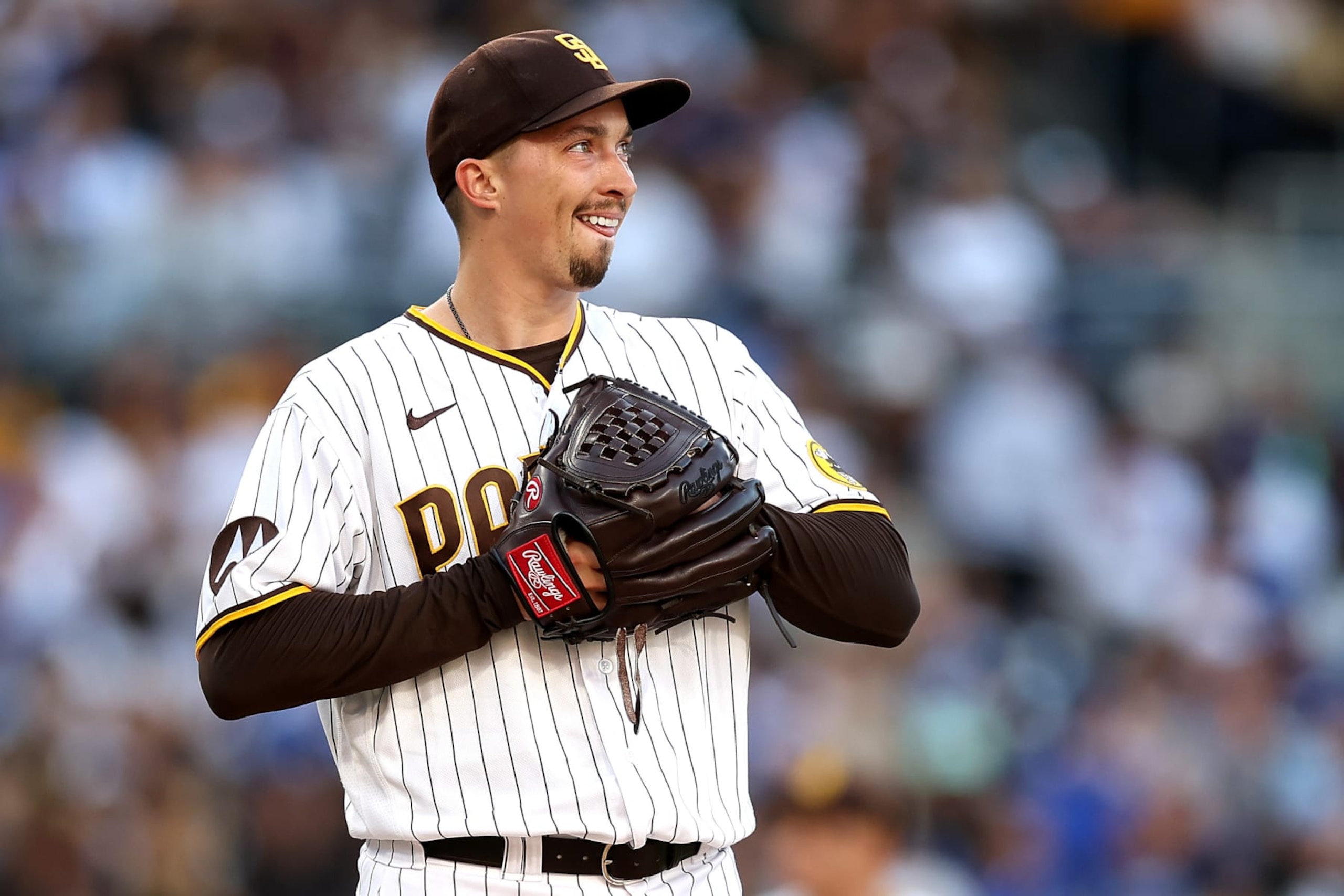 SAN DIEGO, CALIFORNIA - MAY 06: Blake Snell #4 of the San Diego Padres looks on during the fourth inning of a game  against the Los Angeles Dodgers at PETCO Park on May 06, 2023 in San Diego, California. (Photo by Sean M. Haffey/Getty Images)