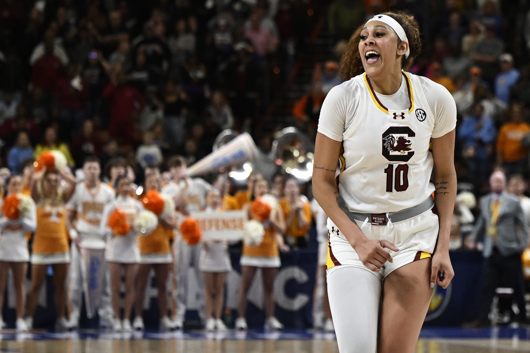 GREENVILLE, SOUTH CAROLINA - MARCH 09: Kamilla Cardoso #10 of the South Carolina Gamecocks celebrates her buzzer beater three point basket to win their game against the Tennessee Lady Vols during the semifinals of the SEC Women's Basketball Tournament at Bon Secours Wellness Arena on March 09, 2024 in Greenville, South Carolina.  (Photo by Eakin Howard/Getty Images)