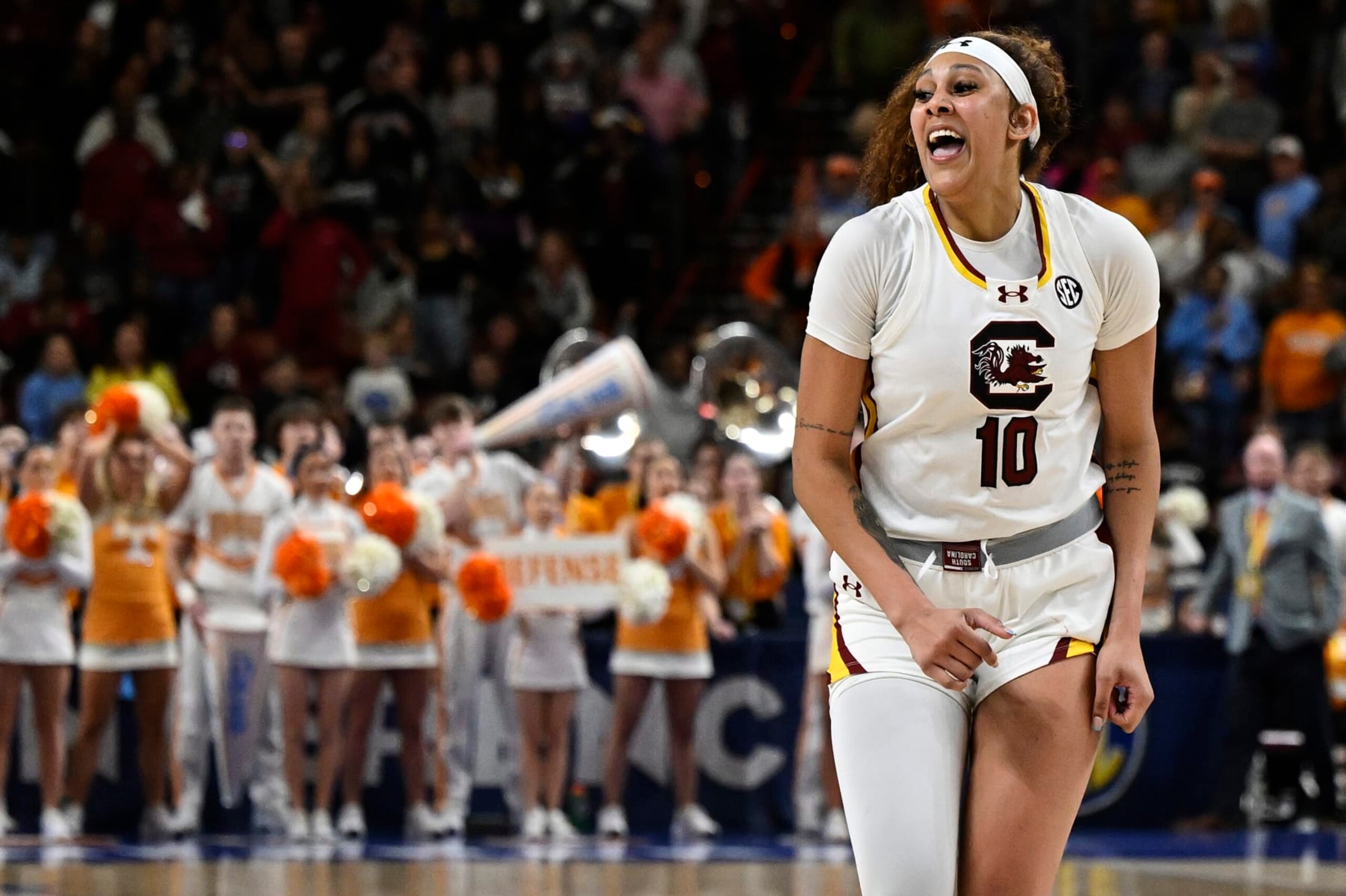GREENVILLE, SOUTH CAROLINA - MARCH 09: Kamilla Cardoso #10 of the South Carolina Gamecocks celebrates her buzzer beater three point basket to win their game against the Tennessee Lady Vols during the semifinals of the SEC Women's Basketball Tournament at Bon Secours Wellness Arena on March 09, 2024 in Greenville, South Carolina.  (Photo by Eakin Howard/Getty Images)