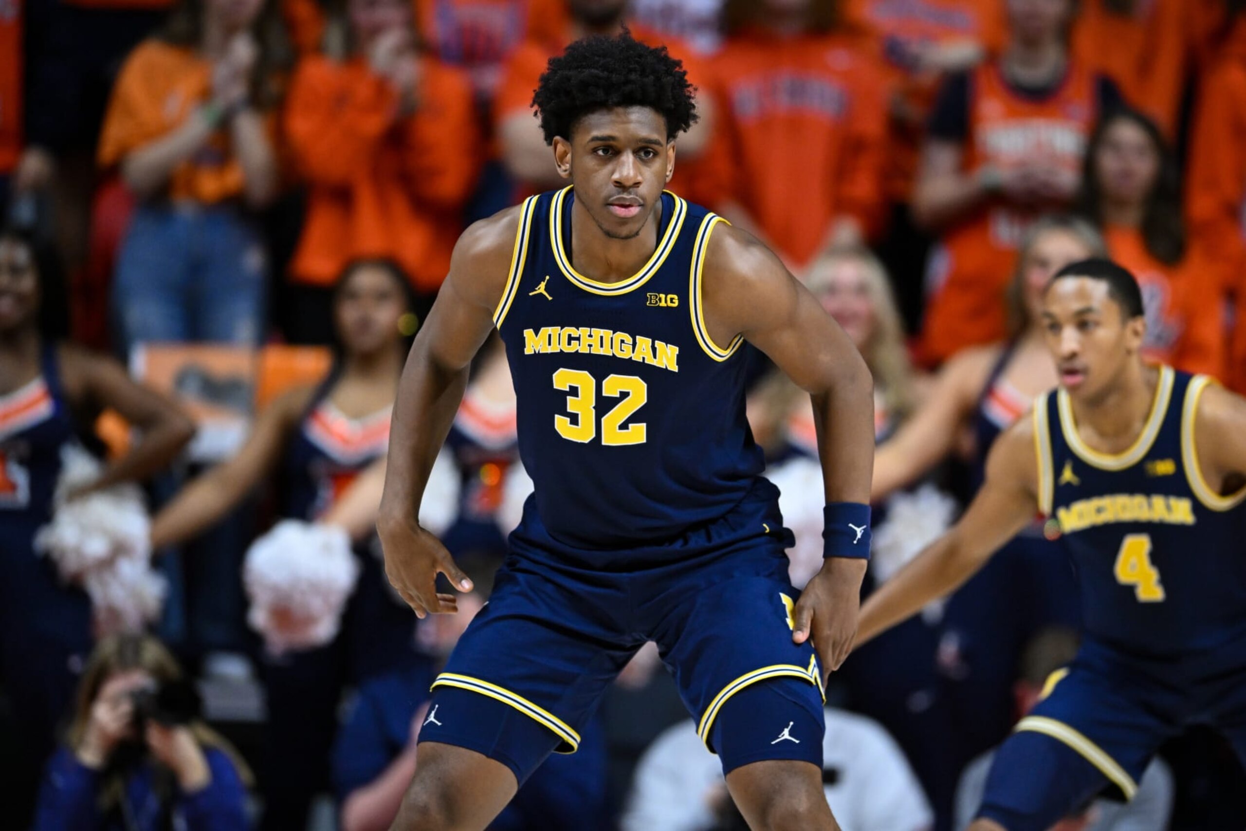 CHAMPAIGN, IL - FEBRUARY 13: Michigan forward Tarris Reed Jr. (32) during a college basketball game between the Michigan Wolverines and the Illinois Fighting Illini on February 13, 2024 at the State Farm Center in Champaign, IL. (Photo by James Black/Icon Sportswire via Getty Images) CHAMPAIGN, IL - FEBRUARY 13: Michigan forward Tarris Reed Jr. (32) during a college basketball game between the Michigan Wolverines and the Illinois Fighting Illini on February 13, 2024 at the State Farm Center in Champaign, IL. (Photo by James Black/Icon Sportswire via Getty Images)