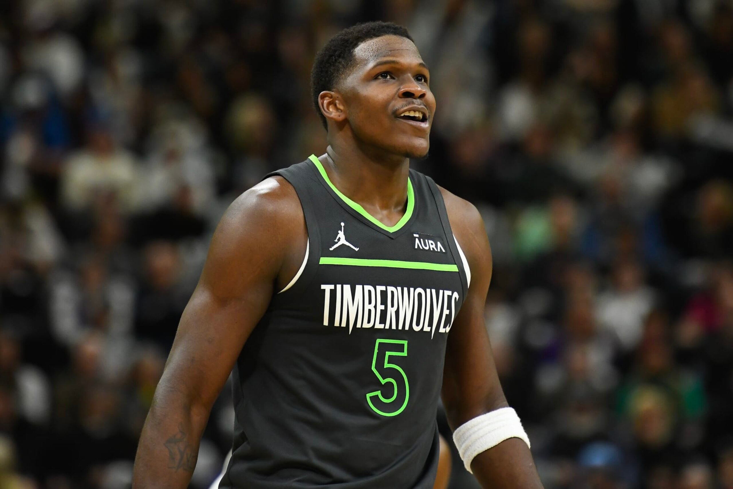 SALT LAKE CITY, UTAH - MARCH 16: Anthony Edwards #5 of the Minnesota Timberwolves looks on during the second half of a game against the Utah Jazz at Delta Center on March 16, 2024 in Salt Lake City, Utah. NOTE TO USER: User expressly acknowledges and agrees that, by downloading and or using this photograph, User is consenting to the terms and conditions of the Getty Images License Agreement. (Photo by Alex Goodlett/Getty Images) SALT LAKE CITY, UTAH - MARCH 16: Anthony Edwards #5 of the Minnesota Timberwolves looks on during the second half of a game against the Utah Jazz at Delta Center on March 16, 2024 in Salt Lake City, Utah. NOTE TO USER: User expressly acknowledges and agrees that, by downloading and or using this photograph, User is consenting to the terms and conditions of the Getty Images License Agreement. (Photo by Alex Goodlett/Getty Images)