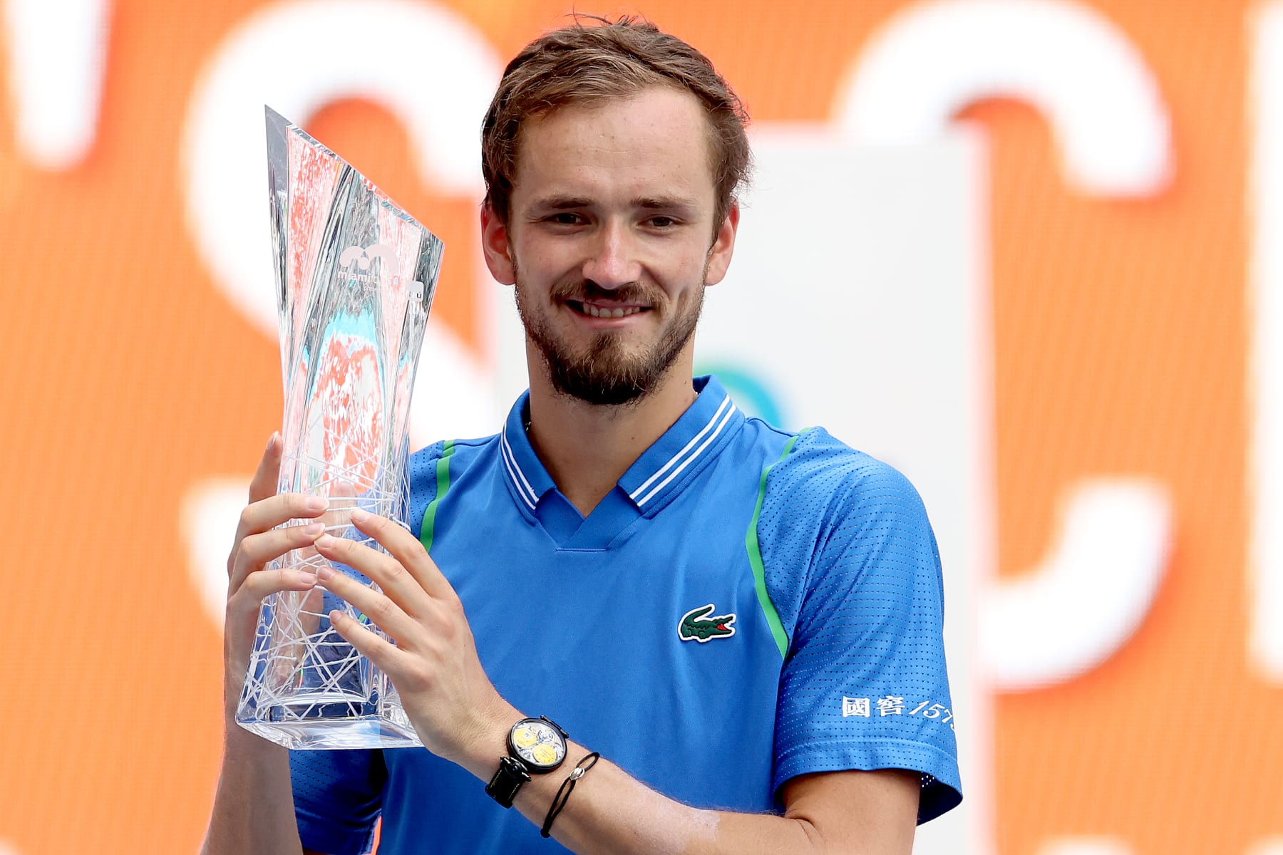 MIAMI GARDENS, FLORIDA - APRIL 02: Daniil Medvedev of Russia poses with the Butch Buchholz Trophy after defeating Jannik SInner of Italy during the Men's Final of the Miami Open at Hard Rock Stadium on April 02, 2023 in Miami Gardens, Florida. (Photo by Matthew Stockman/Getty Images)