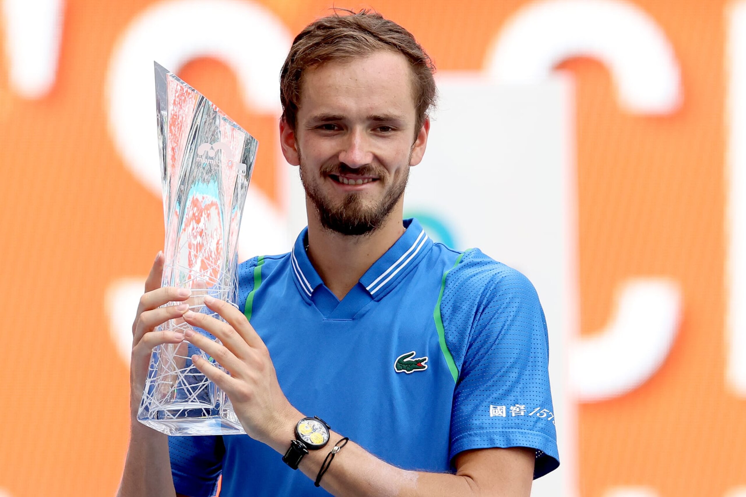 MIAMI GARDENS, FLORIDA - APRIL 02: Daniil Medvedev of Russia poses with the Butch Buchholz Trophy after defeating Jannik SInner of Italy during the Men's Final of the Miami Open at Hard Rock Stadium on April 02, 2023 in Miami Gardens, Florida. (Photo by Matthew Stockman/Getty Images)