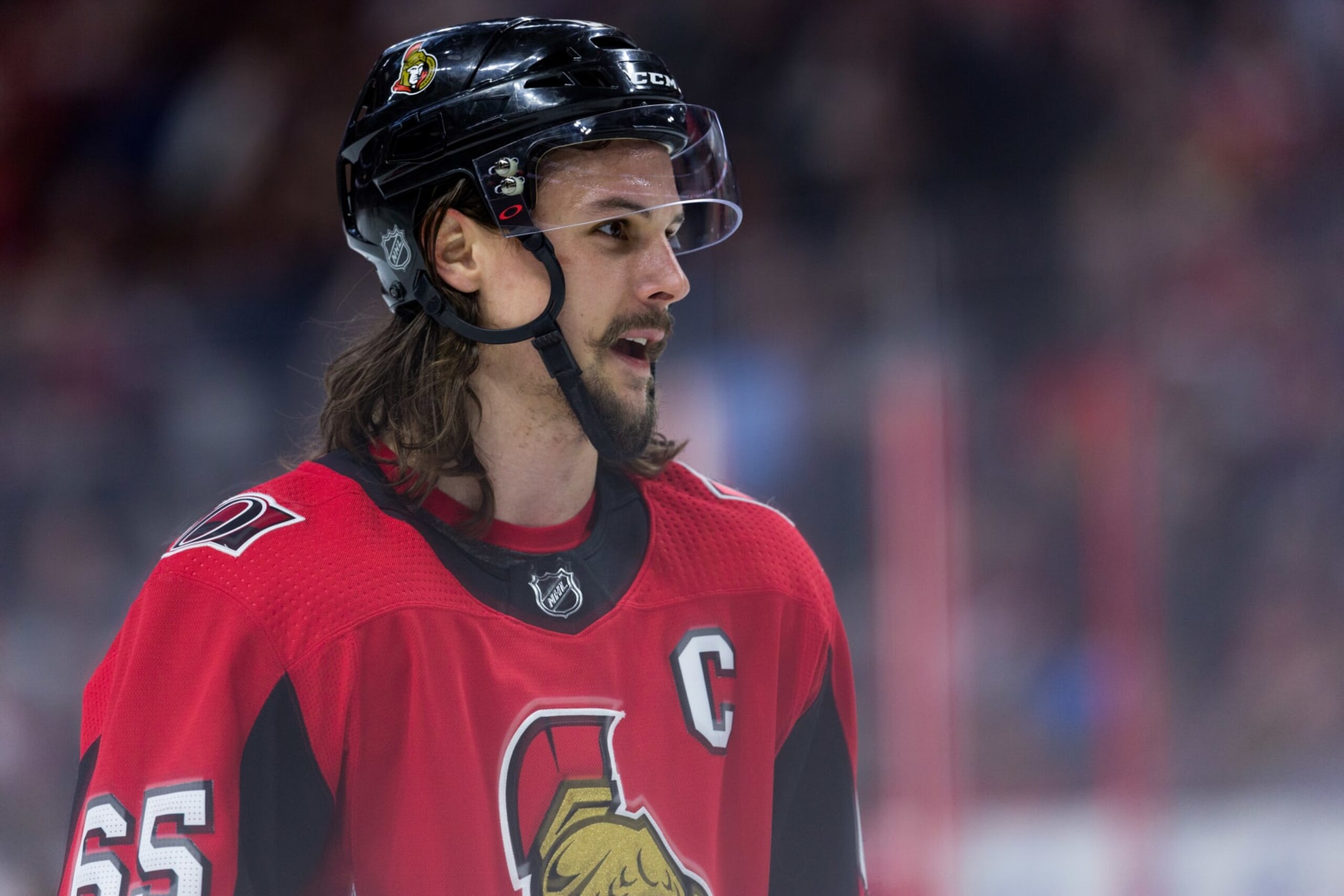OTTAWA, ON - APRIL 02: Ottawa Senators Defenceman Erik Karlsson (65) prior to a face-off during third period National Hockey League action between the Winnipeg Jets and Ottawa Senators on April 2, 2018, at Canadian Tire Centre in Ottawa, ON, Canada. (Photo by Richard A. Whittaker/Icon Sportswire via Getty Images)