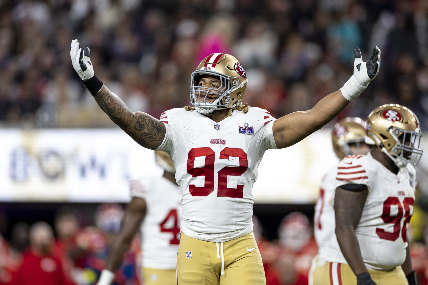 LAS VEGAS, NEVADA - FEBRUARY 11: Chase Young #92 of the San Francisco 49ers reacts during the NFL Super Bowl 58 football game between the San Francisco 49ers and the Kansas City Chiefs at Allegiant Stadium on February 11, 2024 in Las Vegas, Nevada. (Photo by Michael Owens/Getty Images)
