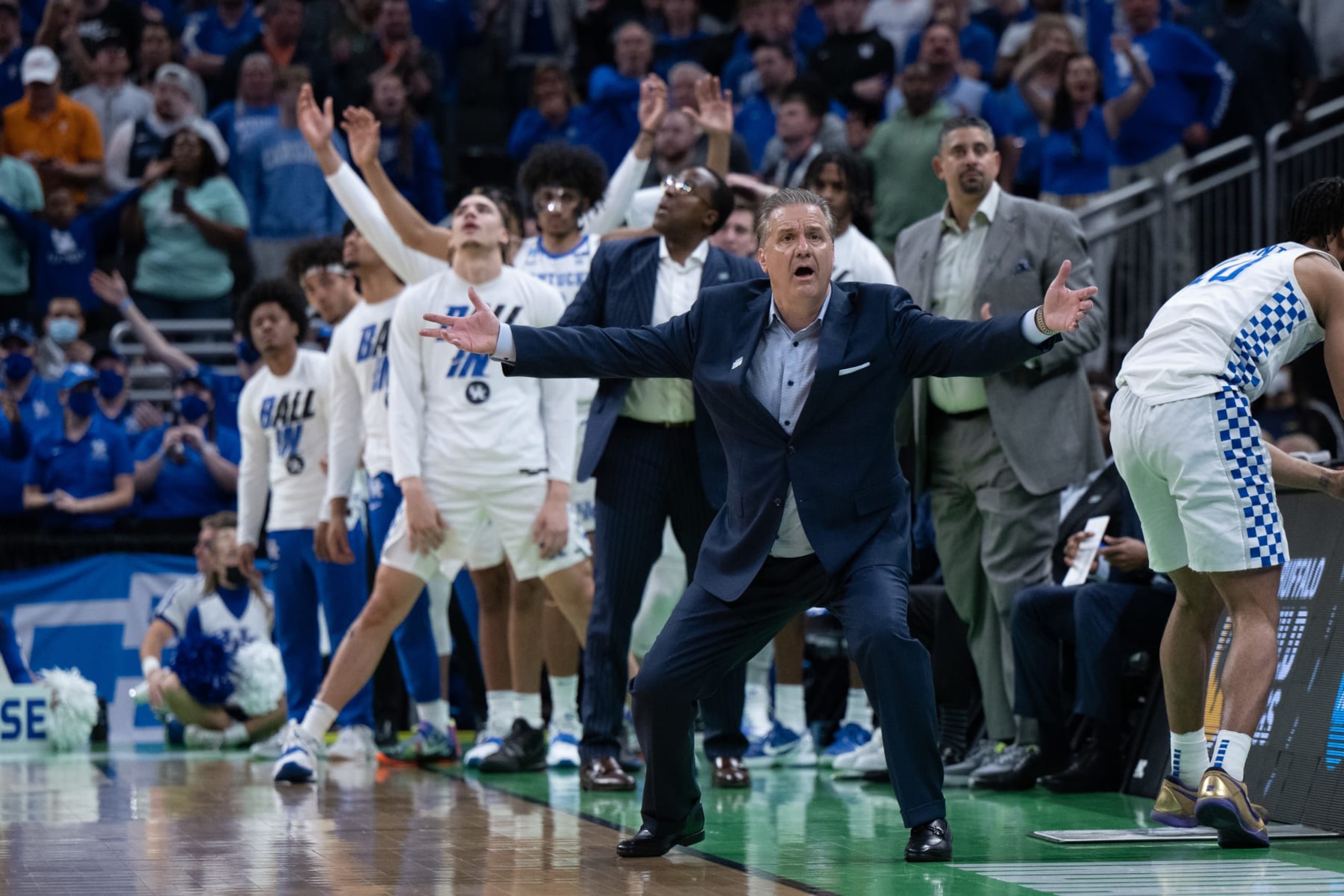 INDIANAPOLIS, IN - MARCH 17: Kentucky Wildcats head coach John Calipari reacts on the sidelines during the mens March Madness college basketball game between the Kentucky Wildcats and Saint Peters Peacocks on March 17, 2022, at Gainbridge Fieldhouse in Indianapolis, IN. (Photo by Zach Bolinger/Icon Sportswire via Getty Images) INDIANAPOLIS, IN - MARCH 17: Kentucky Wildcats head coach John Calipari reacts on the sidelines during the mens March Madness college basketball game between the Kentucky Wildcats and Saint Peters Peacocks on March 17, 2022, at Gainbridge Fieldhouse in Indianapolis, IN. (Photo by Zach Bolinger/Icon Sportswire via Getty Images)