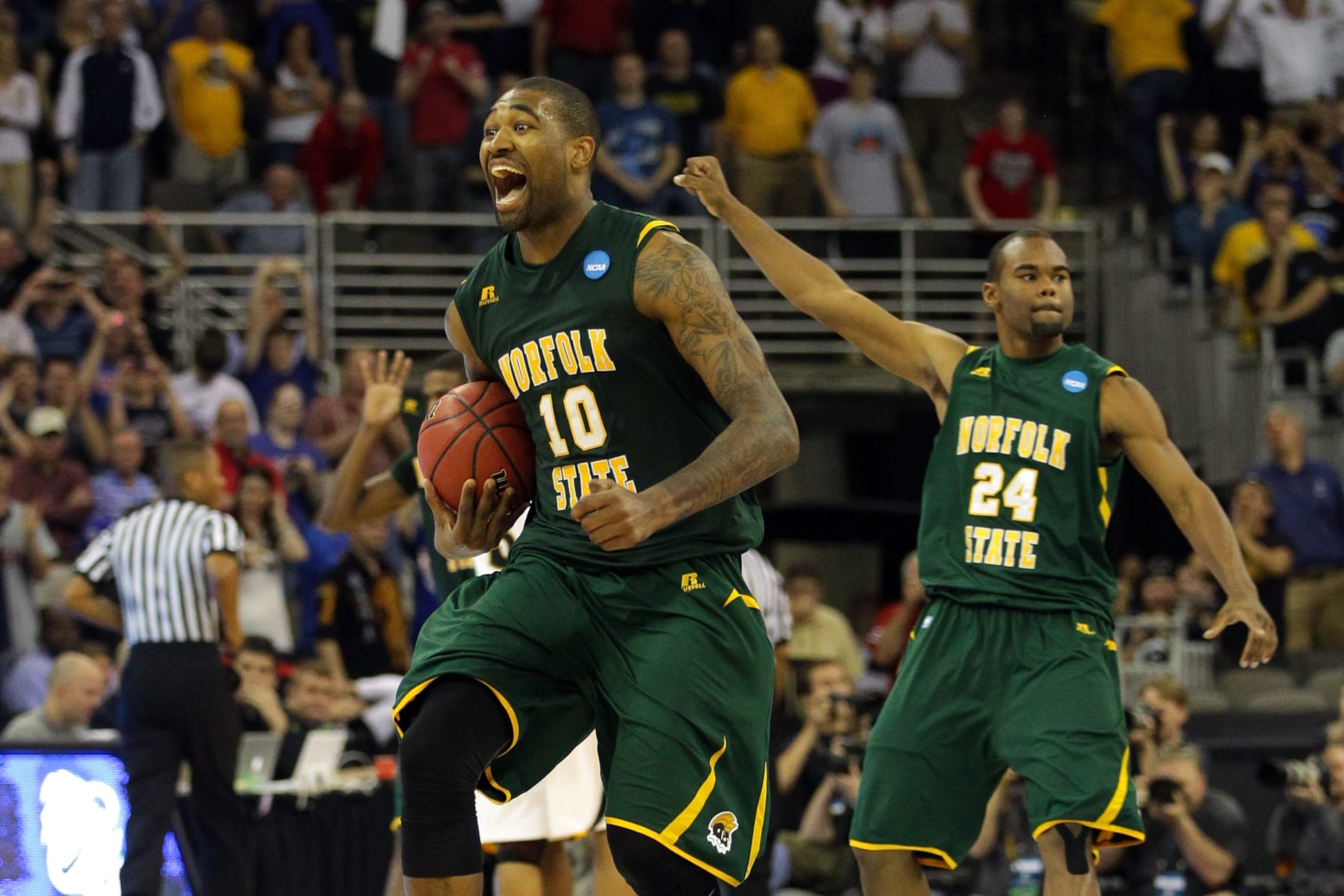 OMAHA, NE - MARCH 16: Kyle O'Quinn #10 and Brandon Wheeless #24 of the Norfolk State Spartans celebrate after they won 86-84 against the Missouri Tigers during the second round of the 2012 NCAA Men's Basketball Tournament at CenturyLink Center on March 16, 2012 in Omaha, Nebraska. (Photo by Doug Pensinger/Getty Images) OMAHA, NE - MARCH 16: Kyle O'Quinn #10 and Brandon Wheeless #24 of the Norfolk State Spartans celebrate after they won 86-84 against the Missouri Tigers during the second round of the 2012 NCAA Men's Basketball Tournament at CenturyLink Center on March 16, 2012 in Omaha, Nebraska. (Photo by Doug Pensinger/Getty Images)