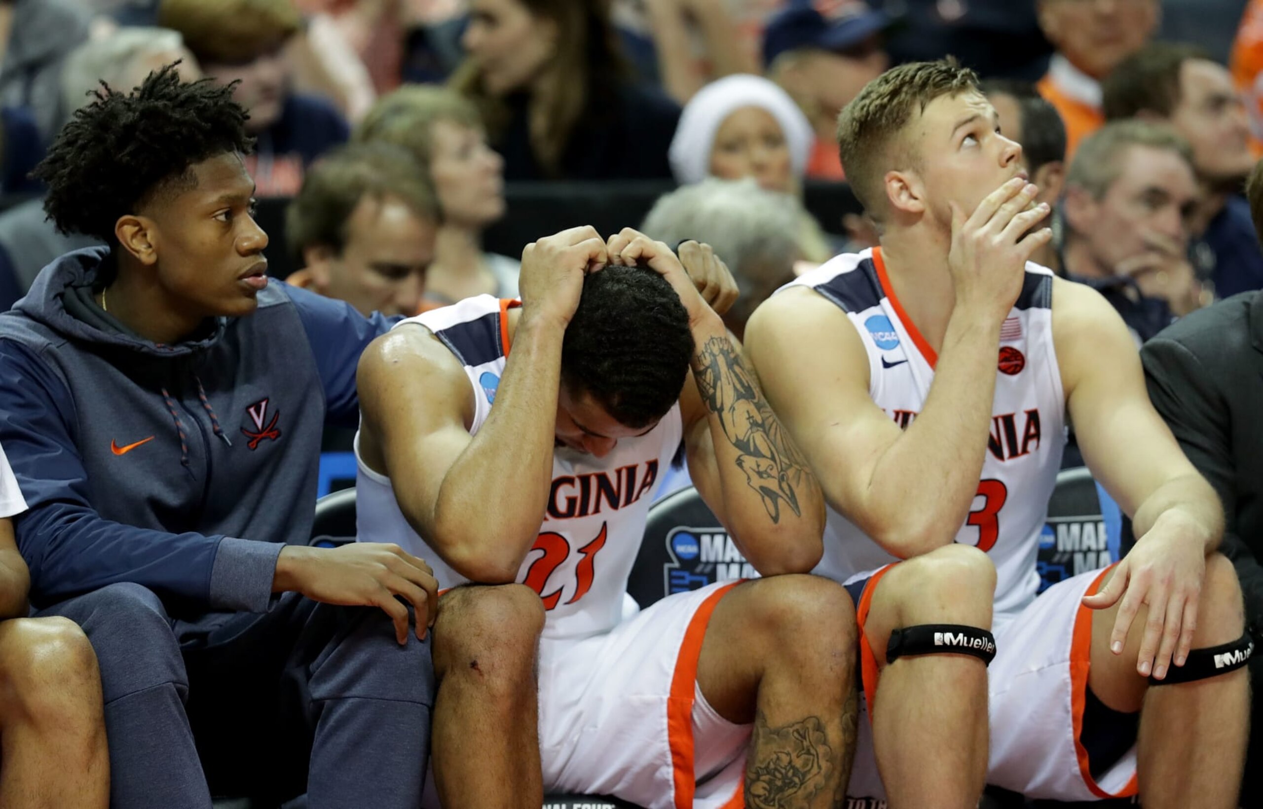 CHARLOTTE, NC - MARCH 16: Isaiah Wilkins #21 of the Virginia Cavaliers reacts to their 74-54 loss to the UMBC Retrievers during the first round of the 2018 NCAA Men's Basketball Tournament at Spectrum Center on March 16, 2018 in Charlotte, North Carolina. (Photo by Streeter Lecka/Getty Images) CHARLOTTE, NC - MARCH 16: Isaiah Wilkins #21 of the Virginia Cavaliers reacts to their 74-54 loss to the UMBC Retrievers during the first round of the 2018 NCAA Men's Basketball Tournament at Spectrum Center on March 16, 2018 in Charlotte, North Carolina. (Photo by Streeter Lecka/Getty Images)