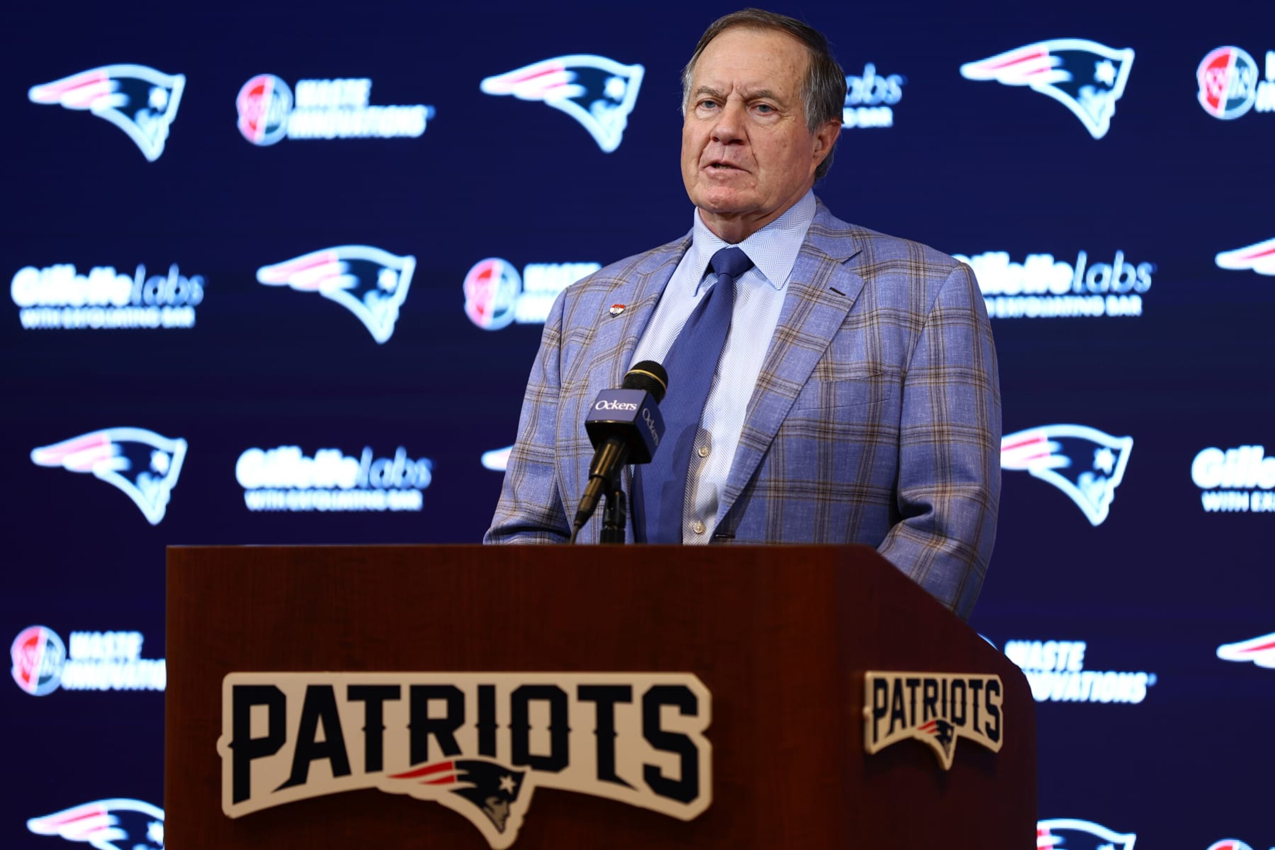 FOXBOROUGH, MASSACHUSETTS - JANUARY 11: Head coach Bill Belichick of the New England Patriots speaks to the media during a press conference at Gillette Stadium on January 11, 2024 in Foxborough, Massachusetts. Belichick announced he is stepping down as head coach after 24 seasons with the team. (Photo by Maddie Meyer/Getty Images)