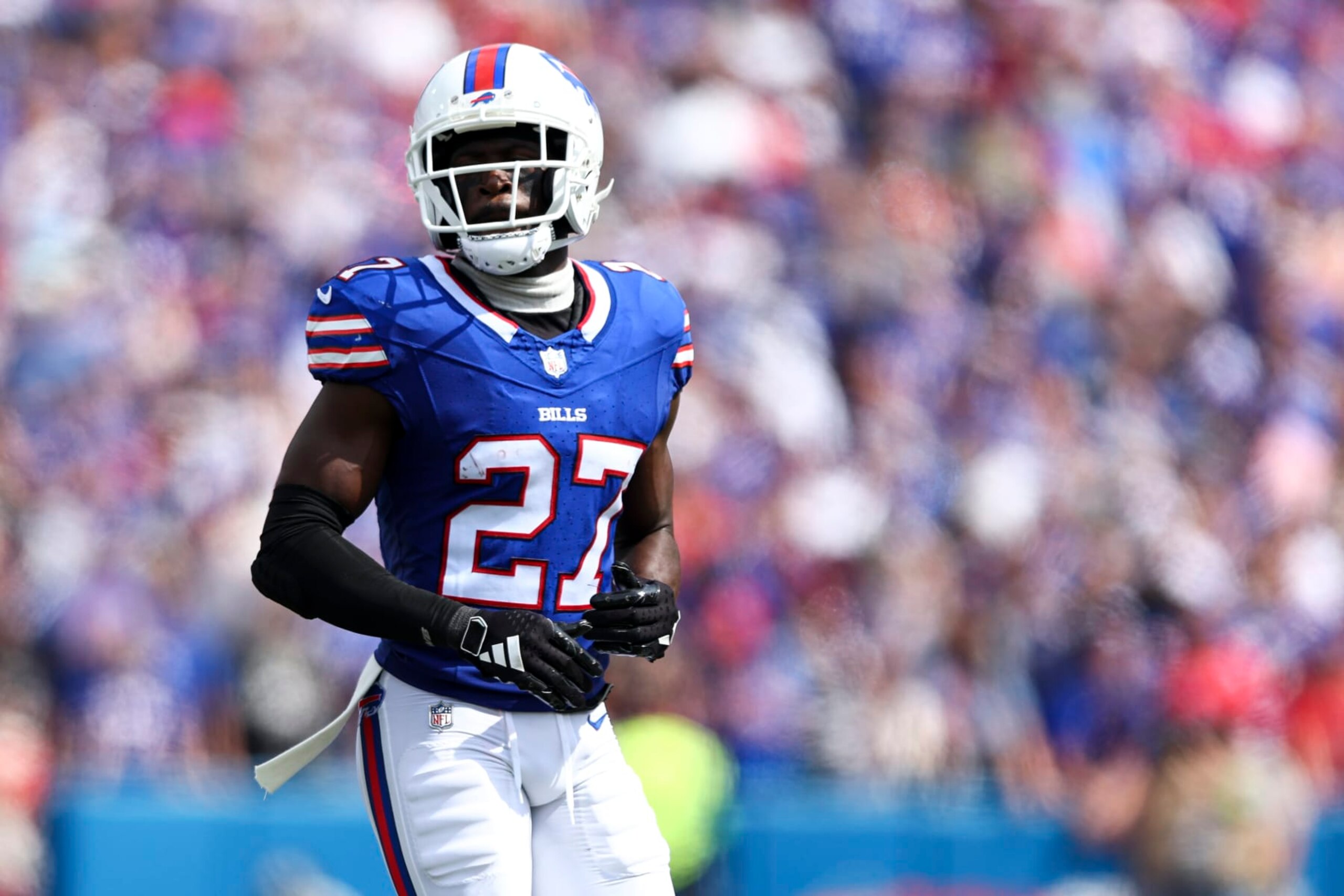 ORCHARD PARK, NY - SEPTEMBER 17: Tre’Davious White #27 of the Buffalo Bills lines up before a play during an NFL football game against the Las Vegas Raiders at Highmark Stadium on September 17, 2023 in Orchard Park, New York. (Photo by Kevin Sabitus/Getty Images)