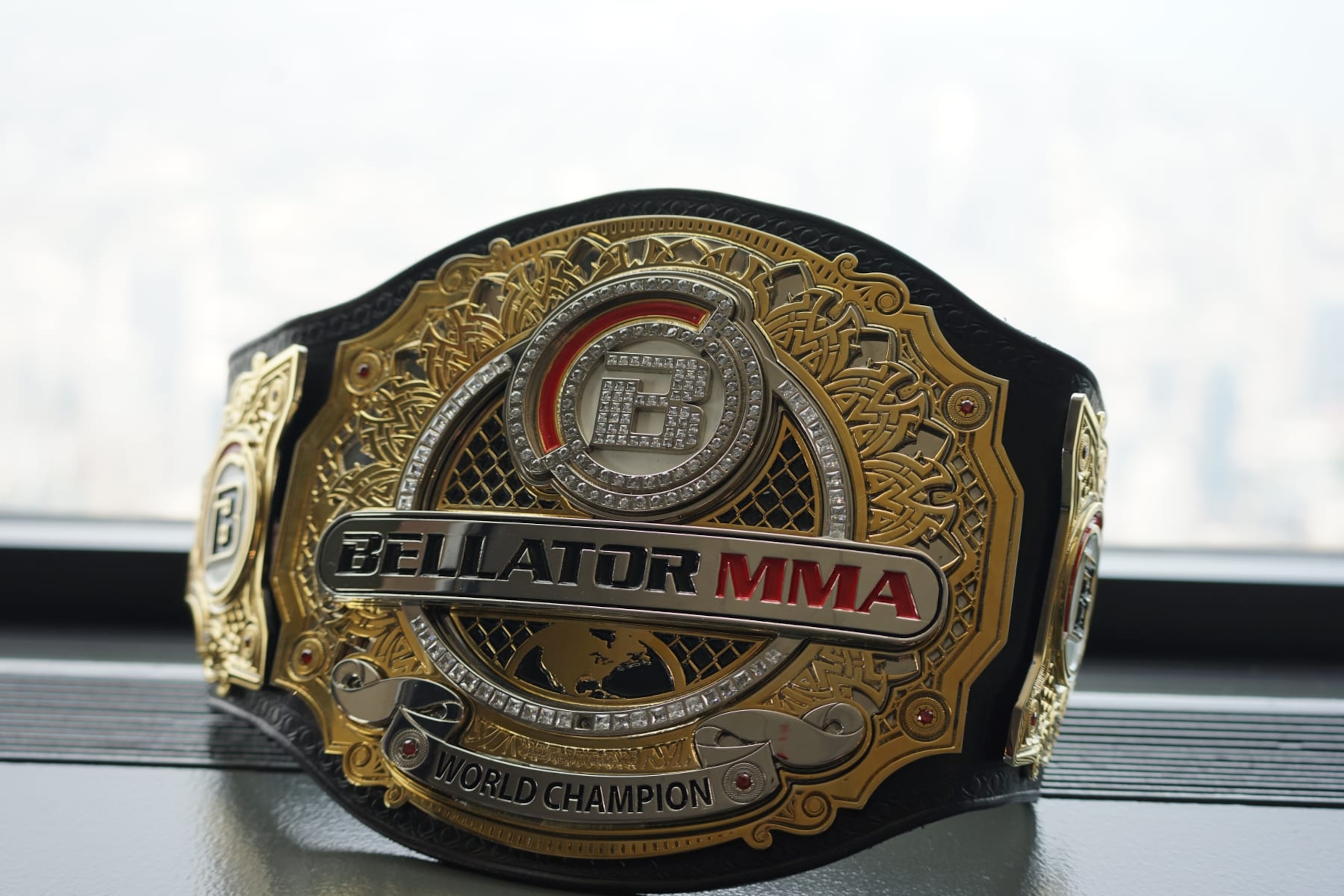 CHICAGO, IL - JUNE 14: The official Bellator belt on display at the Bellator 297 pre-fight press conference on June 14, 2023, at the Willis Tower Sky Deck in Chicago, IL. (Photo by Amy Kaplan/Icon Sportswire via Getty Images)