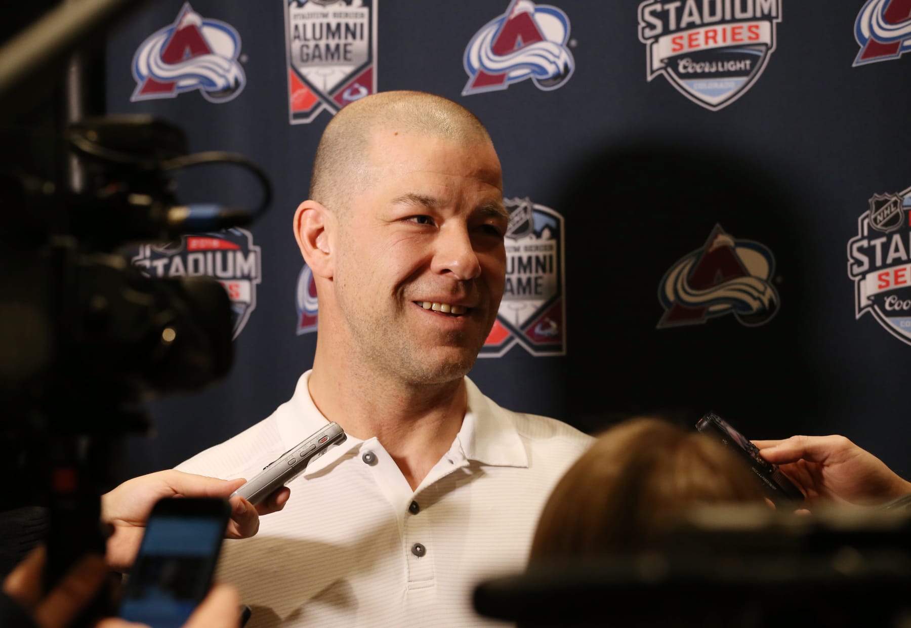 DENVER, CO - FEBRUARY 26: Colorado Avalanche Alumnus, Chris Simon meets with the media prior to the 2016 Coors Light Stadium Series Alumni Game at the Four Seasons Hotel on February 26, 2016 in Denver, Colorado. (Photo by Michael Martin/NHLI via Getty Images)