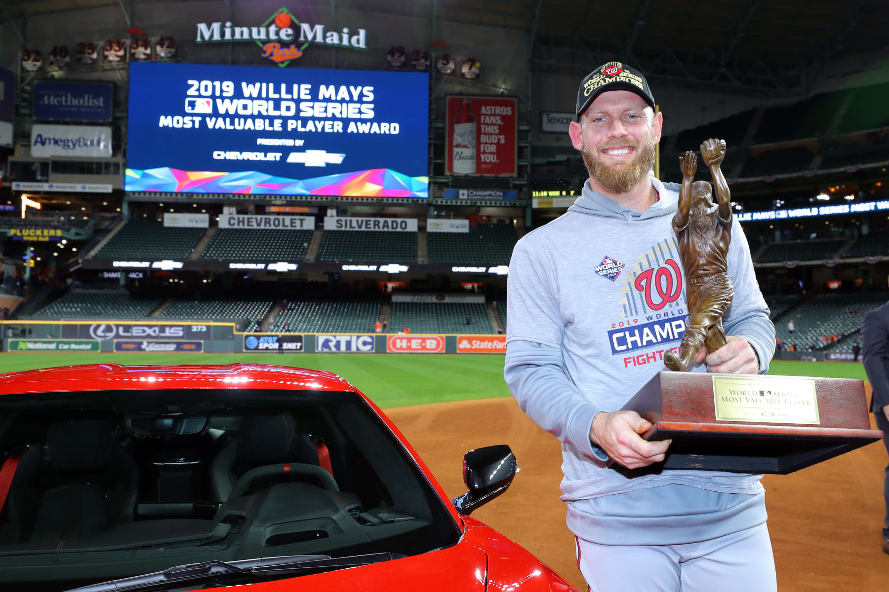 HOUSTON, TX - OCTOBER 30: Stephen Strasburg #37 of the Washington Nationals receives the 2019 Willie Mays World Series MVP award presented by Chevy after Game 7 of the 2019 World Series between the Washington Nationals and the Houston Astros at Minute Maid Park on Wednesday, October 30, 2019 in Houston, Texas. (Photo by Alex Trautwig/MLB Photos via Getty Images)