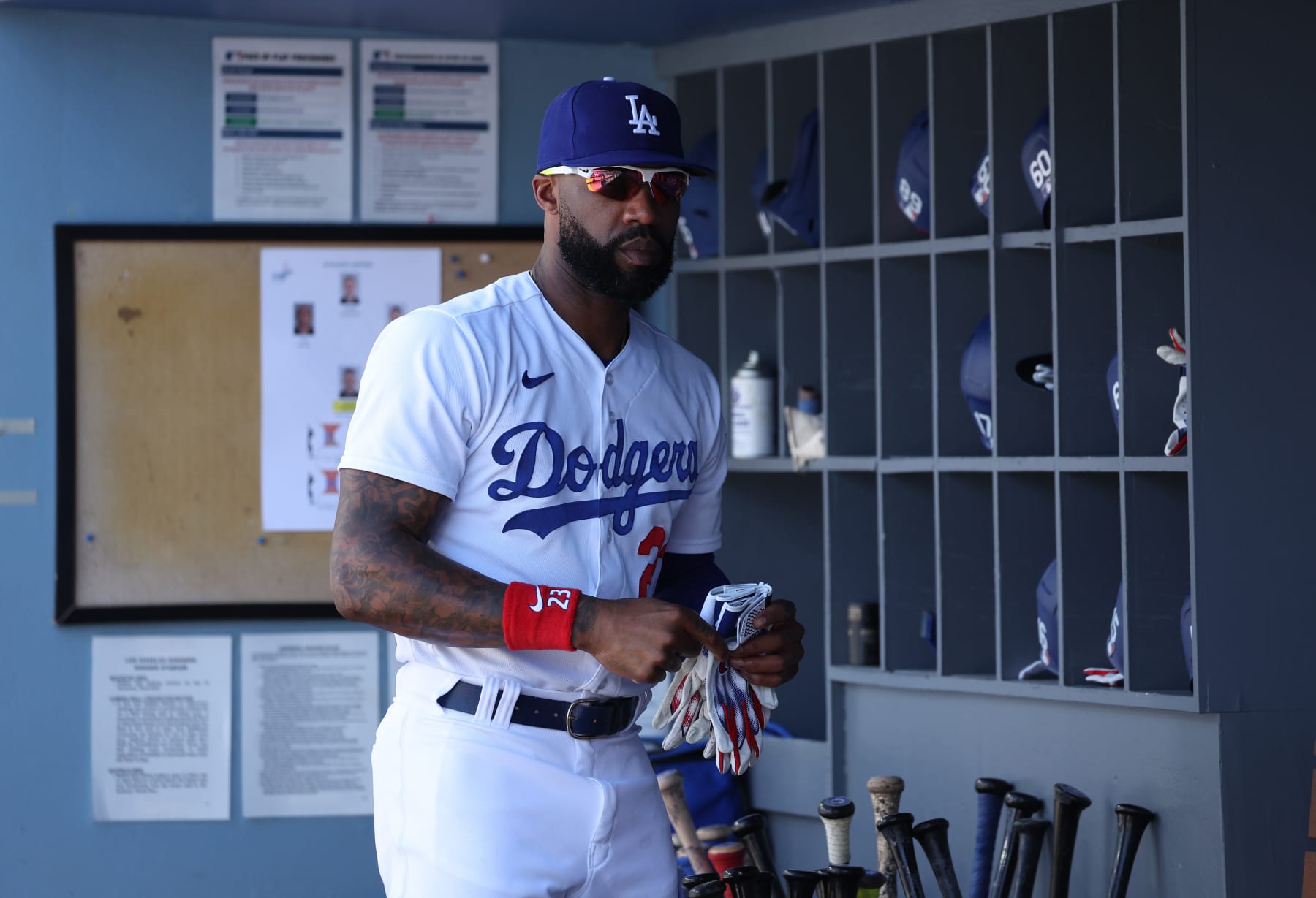 LOS ANGELES, CALIFORNIA - JUNE 25: Jason Heyward #23 of the Los Angeles Dodgers in the dugout before the game against the Houston Astros at Dodger Stadium on June 25, 2023 in Los Angeles, California. (Photo by Harry How/Getty Images)