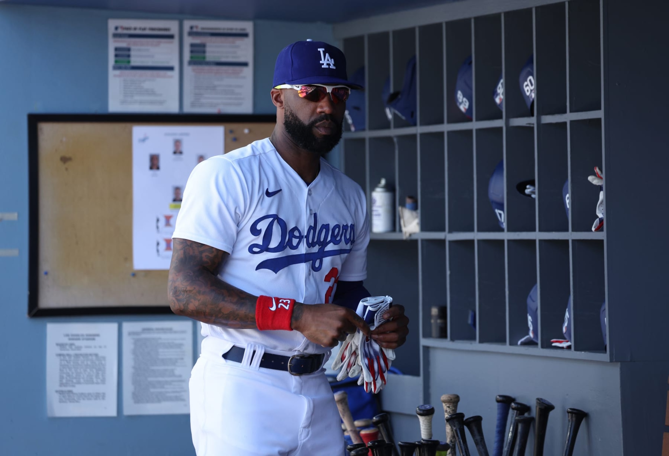 LOS ANGELES, CALIFORNIA - JUNE 25: Jason Heyward #23 of the Los Angeles Dodgers in the dugout before the game against the Houston Astros at Dodger Stadium on June 25, 2023 in Los Angeles, California. (Photo by Harry How/Getty Images)