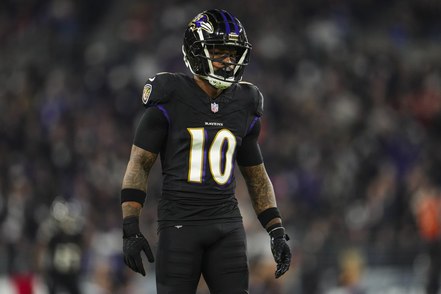 BALTIMORE, MD - NOVEMBER 16: Arthur Maulet #10 of the Baltimore Ravens lines up during an NFL football game against the Cincinnati Bengals at M&T Bank Stadium on November 16, 2023 in Baltimore, Maryland. (Photo by Cooper Neill/Getty Images) BALTIMORE, MD - NOVEMBER 16: Arthur Maulet #10 of the Baltimore Ravens lines up during an NFL football game against the Cincinnati Bengals at M&T Bank Stadium on November 16, 2023 in Baltimore, Maryland. (Photo by Cooper Neill/Getty Images)