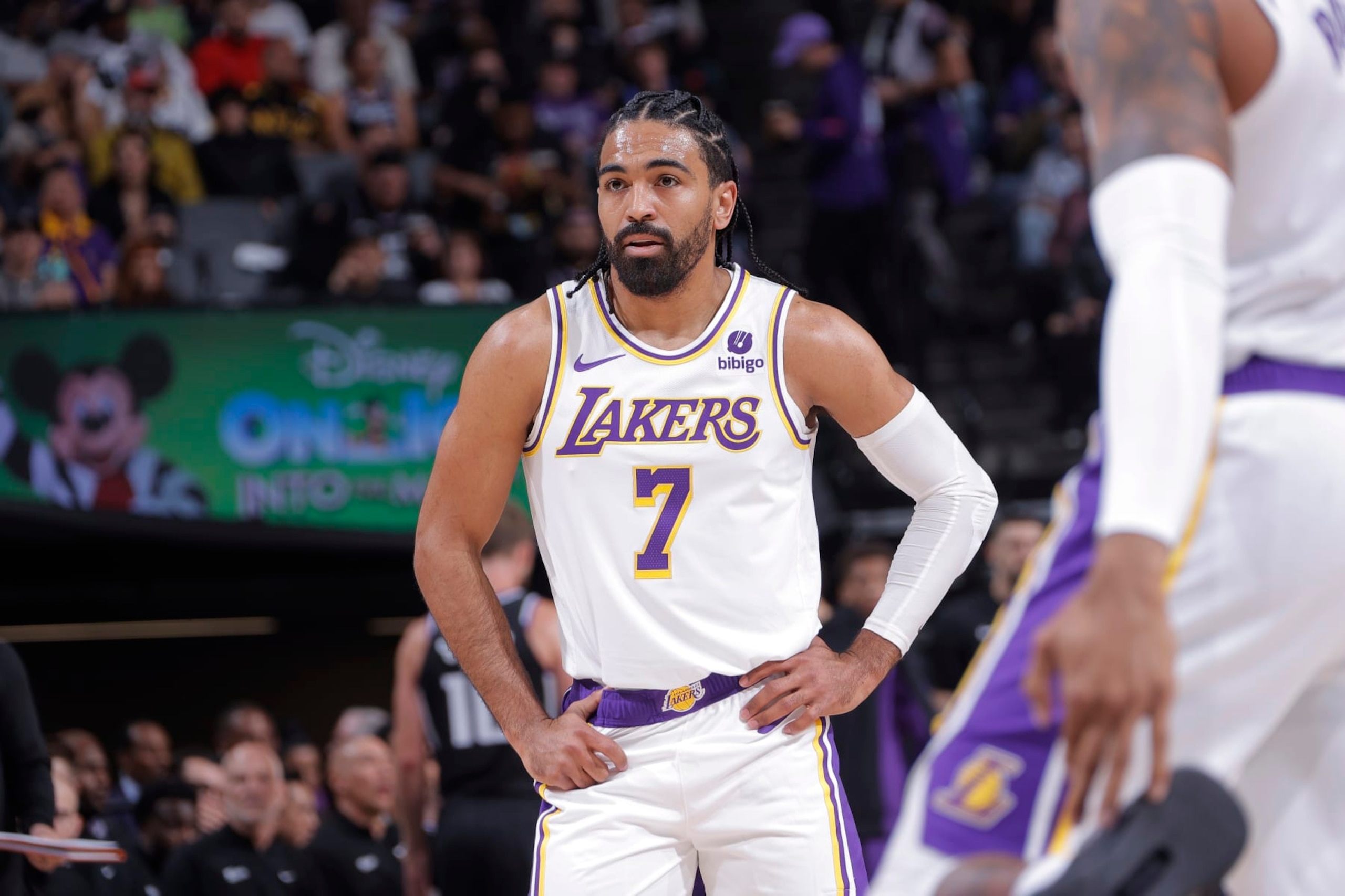 SACRAMENTO, CA - OCTOBER 29: Gabe Vincent #7 of the Los Angeles Lakers looks on during the game against the Sacramento Kings on October 29, 2023 at Golden 1 Center in Sacramento, California. NOTE TO USER: User expressly acknowledges and agrees that, by downloading and or using this photograph, User is consenting to the terms and conditions of the Getty Images Agreement. Mandatory Copyright Notice: Copyright 2023 NBAE (Photo by Rocky Widner/NBAE via Getty Images) SACRAMENTO, CA - OCTOBER 29: Gabe Vincent #7 of the Los Angeles Lakers looks on during the game against the Sacramento Kings on October 29, 2023 at Golden 1 Center in Sacramento, California. NOTE TO USER: User expressly acknowledges and agrees that, by downloading and or using this photograph, User is consenting to the terms and conditions of the Getty Images Agreement. Mandatory Copyright Notice: Copyright 2023 NBAE (Photo by Rocky Widner/NBAE via Getty Images)