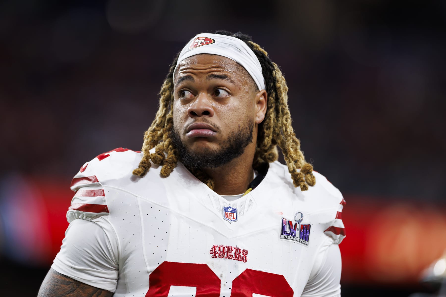 LAS VEGAS, NEVADA - FEBRUARY 11: Chase Young #92 of the San Francisco 49ers looks on during Super Bowl LVIII against the Kansas City Chiefs at Allegiant Stadium on February 11, 2024 in Las Vegas, Nevada. (Photo by Ryan Kang/Getty Images)